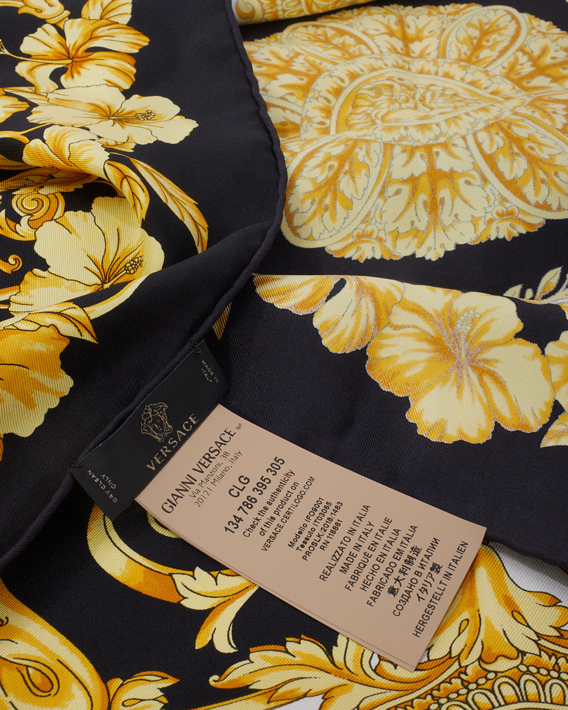 Versace Black 
Yellow Medusa Print Silk Scarf