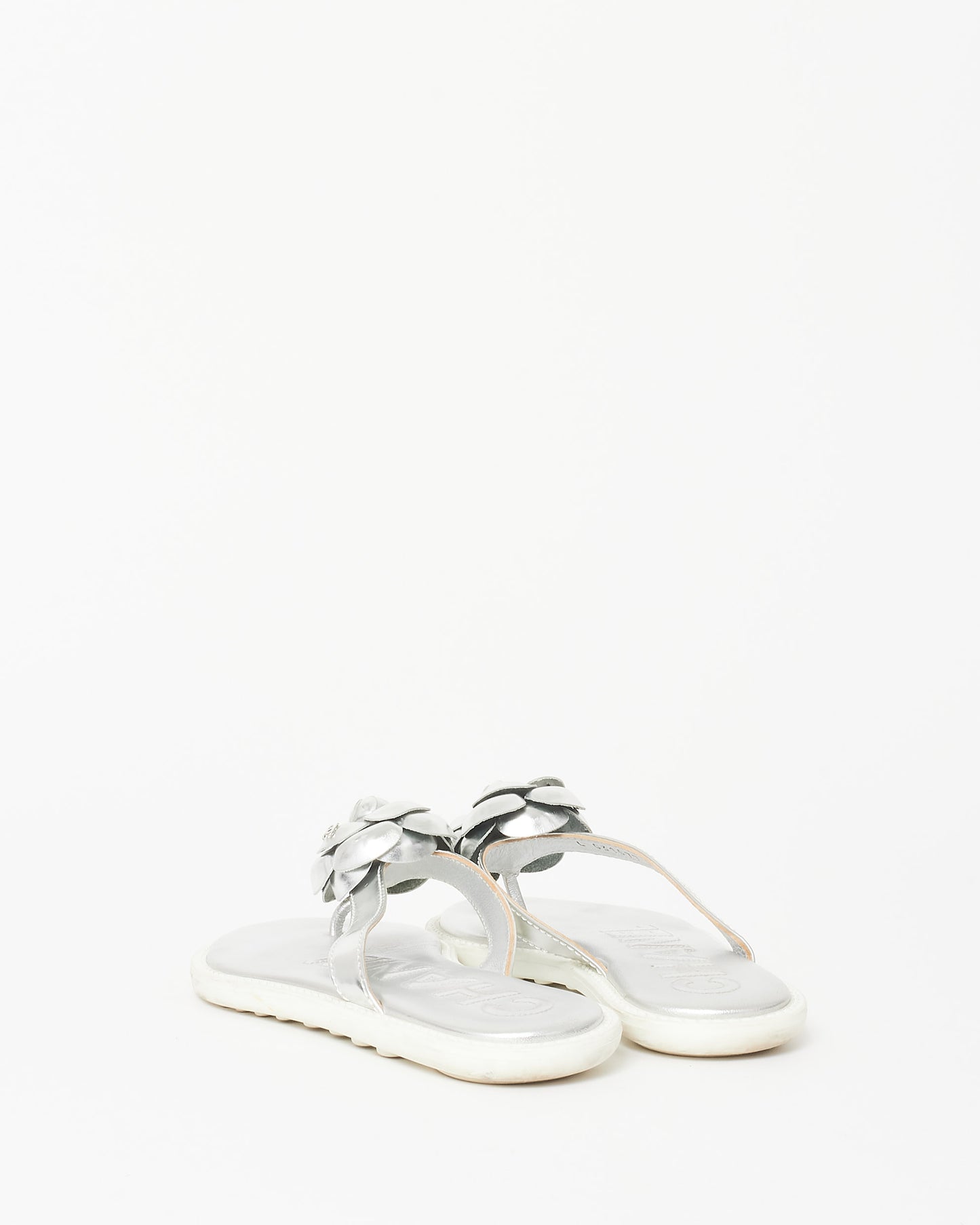 Chanel Silver Leather Camelia Flip Flops - 37