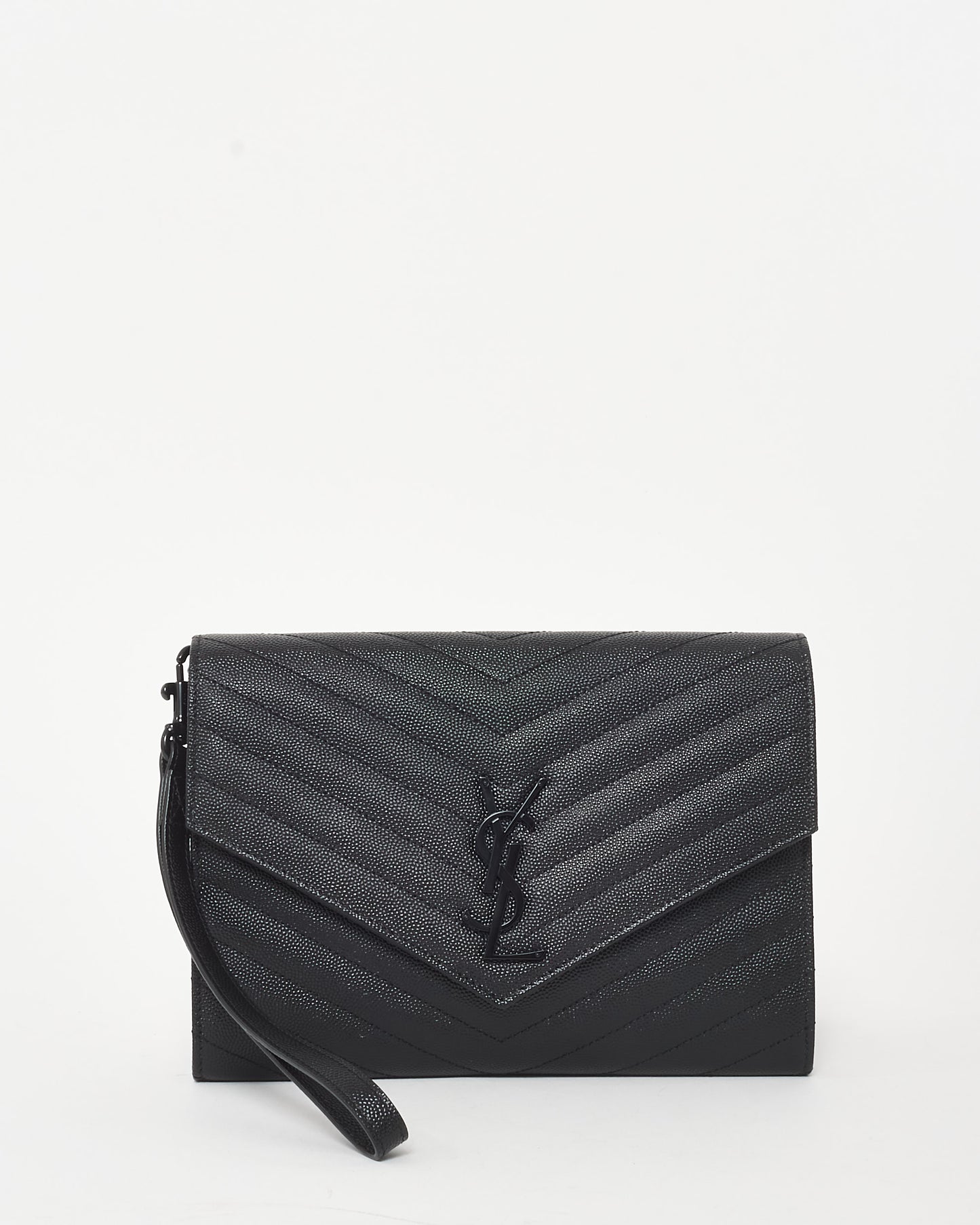 Saint Laurent Black on Black Grain De Poudre Leather Cassandre Wristlet Pouch