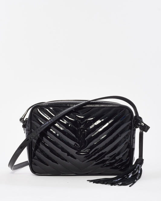 Saint Laurent Black Patent Leather Chevron Lou Camera Bag