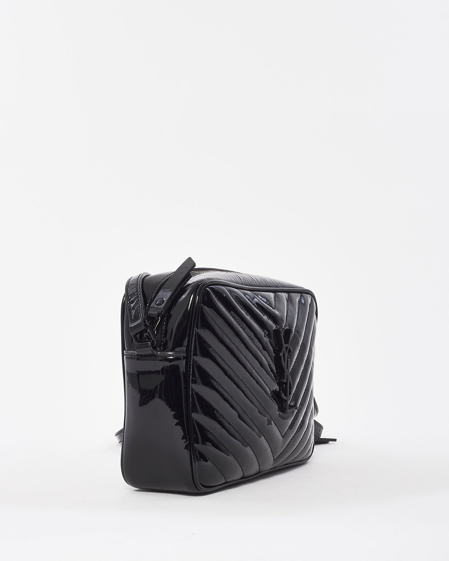 Saint Laurent Black Patent Leather Chevron Lou Camera Bag