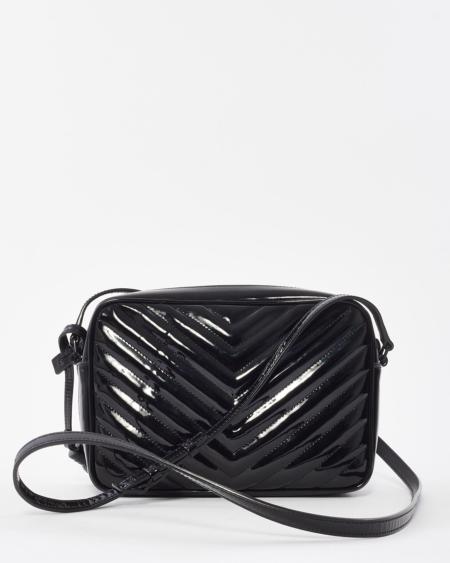 Saint Laurent Black Patent Leather Chevron Lou Camera Bag