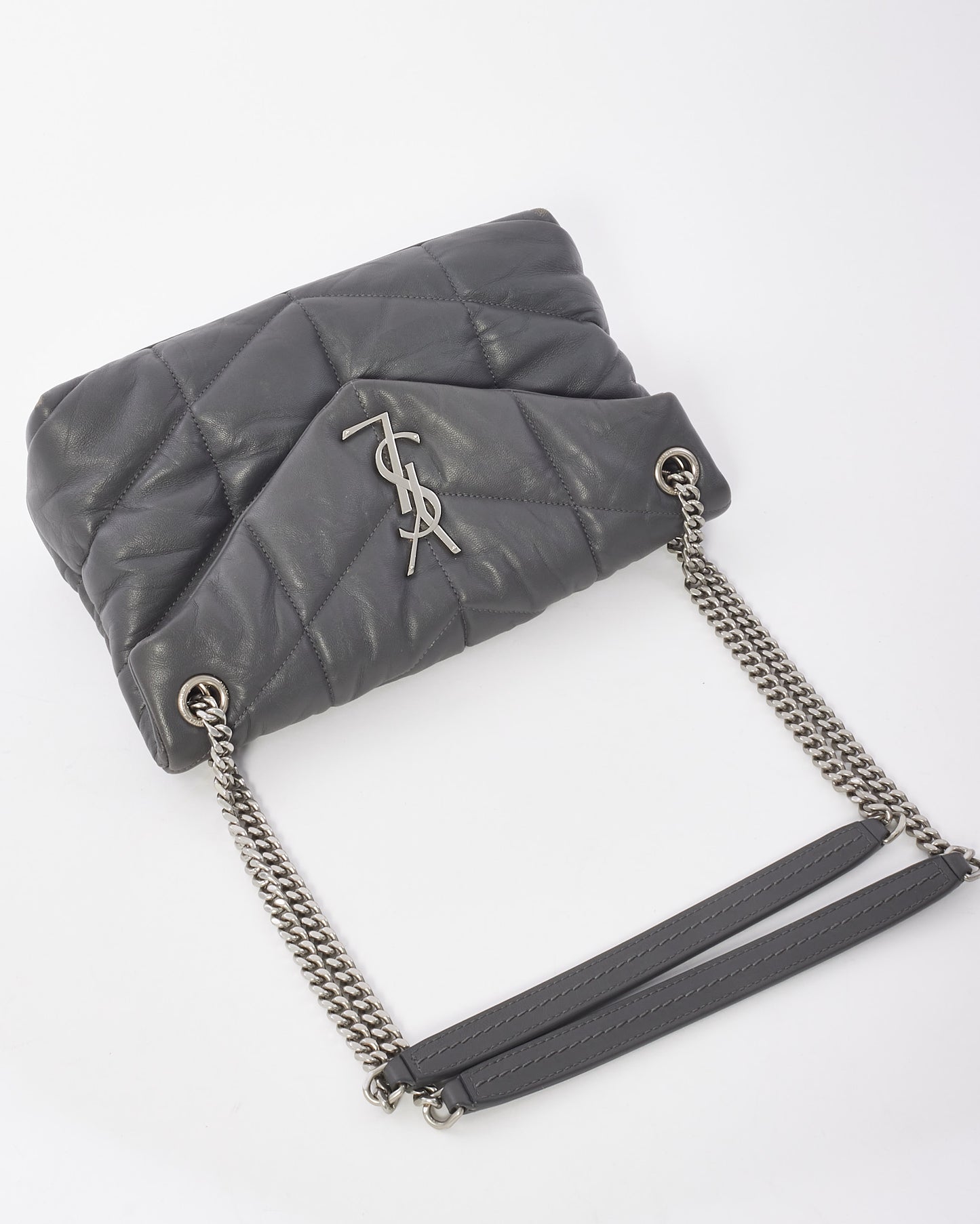 Saint Laurent Grey Leather Small Lou Puffer Shoulder Bag