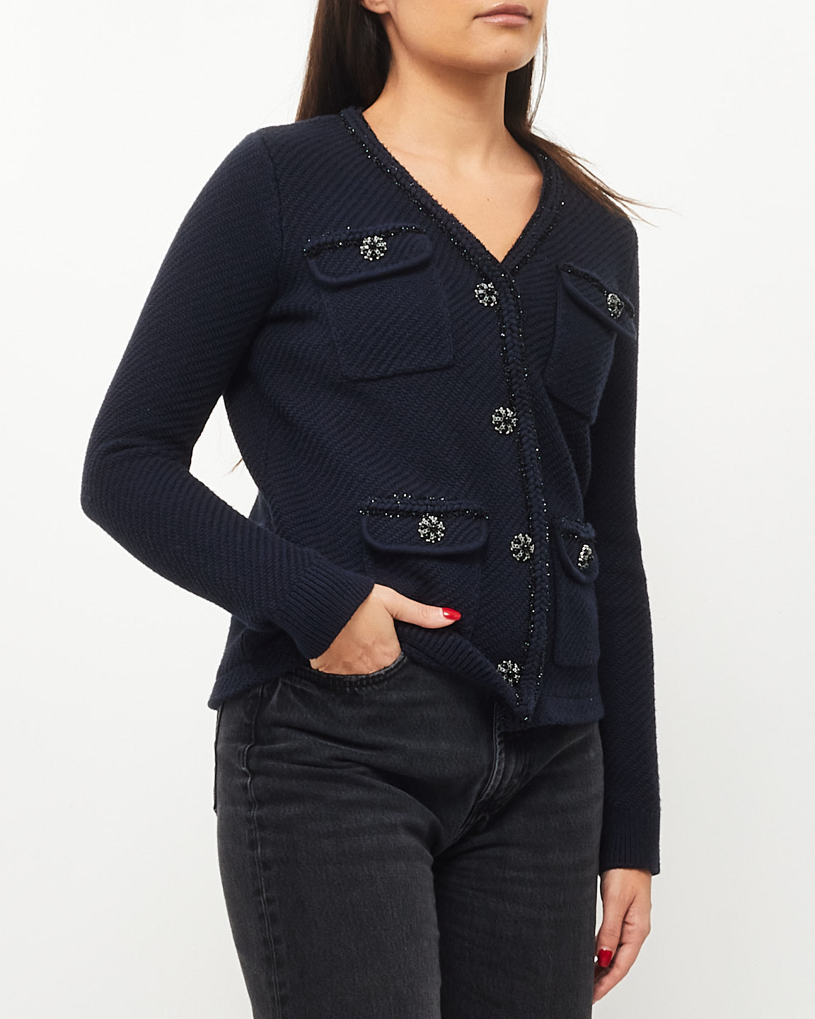 Self Portrait Navy Sparkle 
Embellished Button Cardigan - S