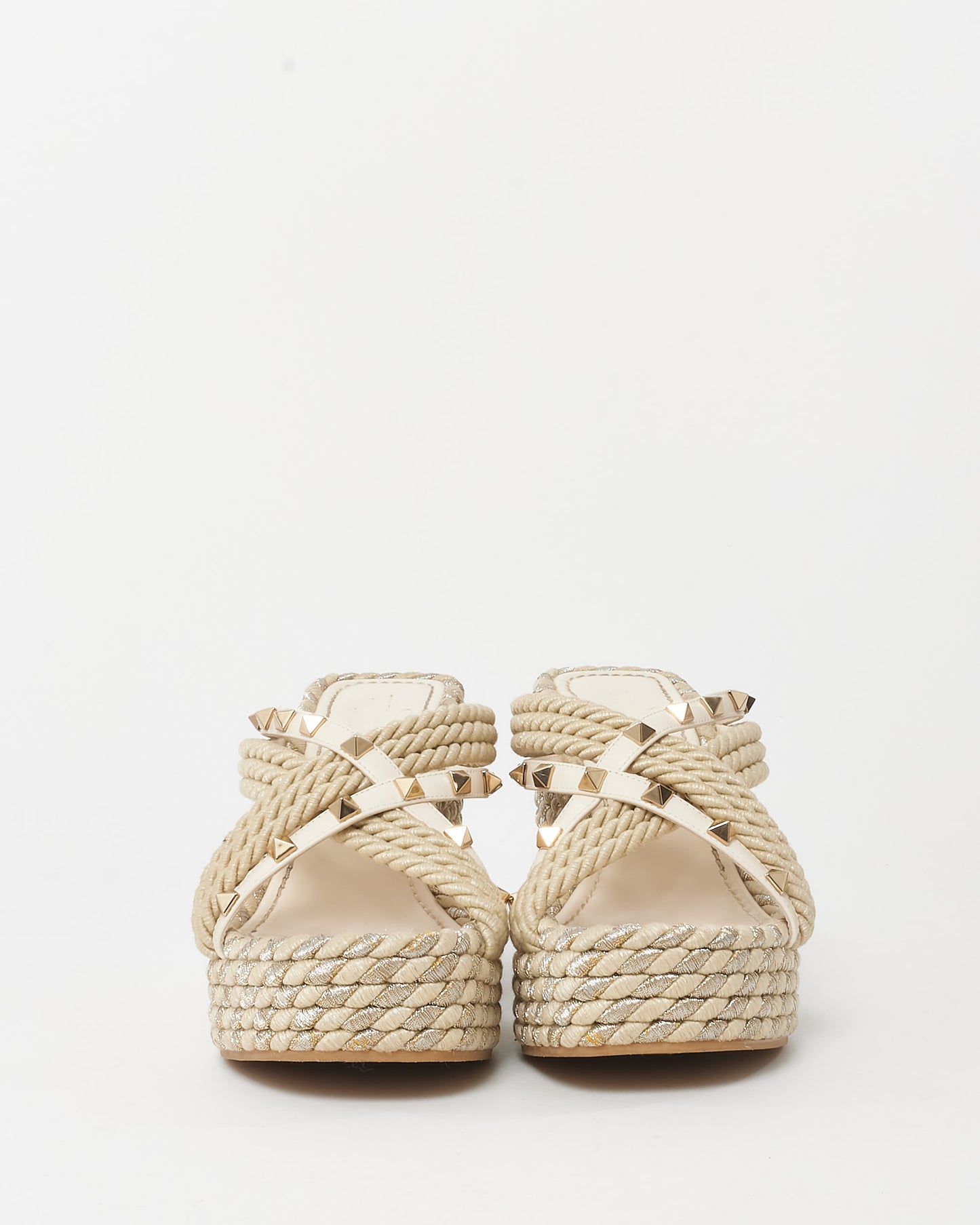 Valentino Beige Metallic Jute Rockstud Espadrille Wedge Sandals - 39