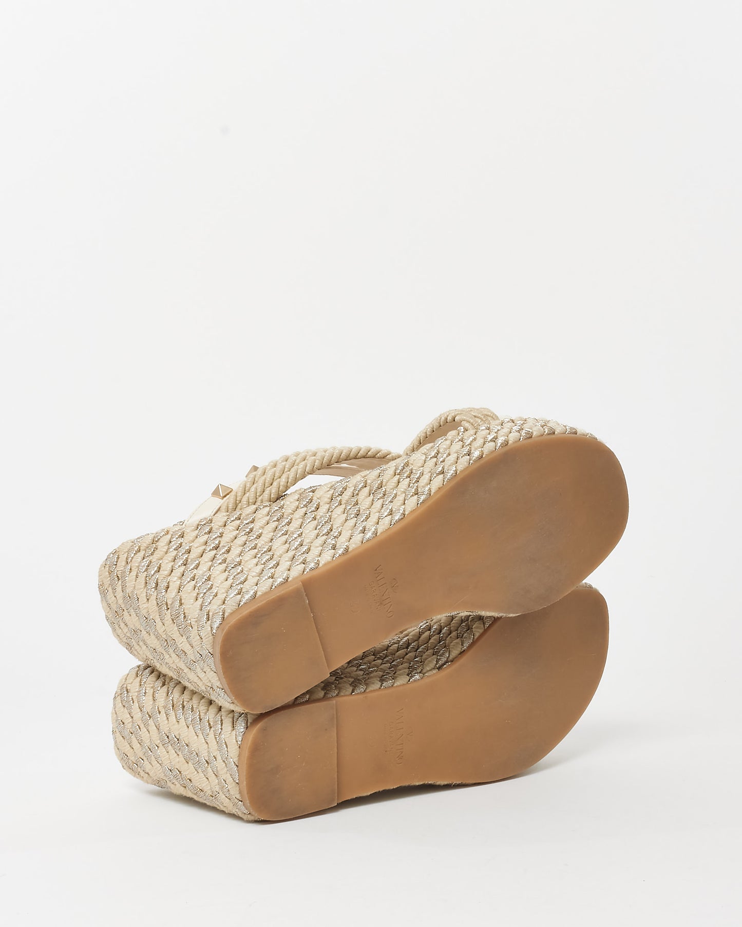 Valentino Beige Metallic Jute Rockstud Espadrille Wedge Sandals - 39