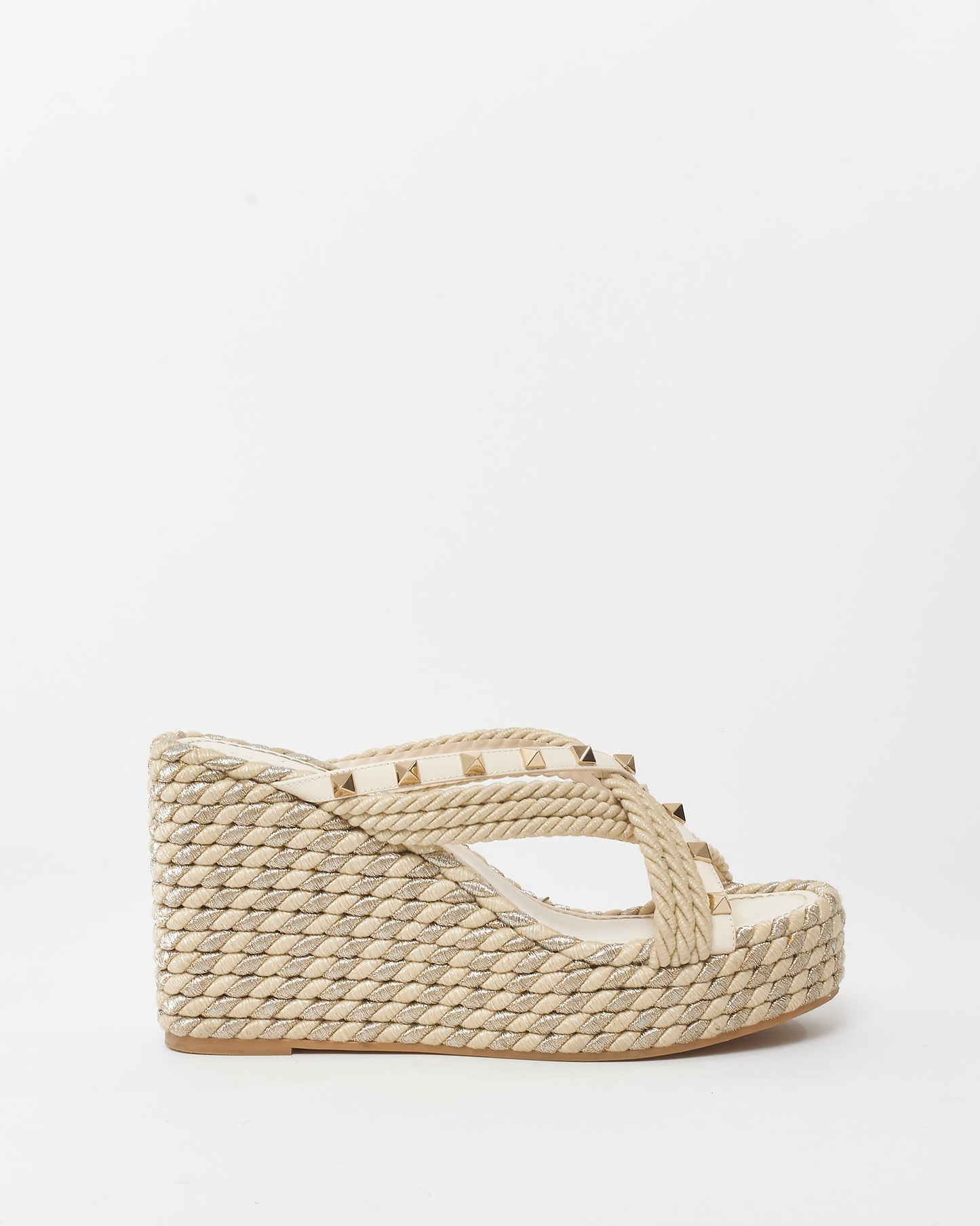 Valentino Beige Metallic Jute Rockstud Espadrille Wedge Sandals - 39