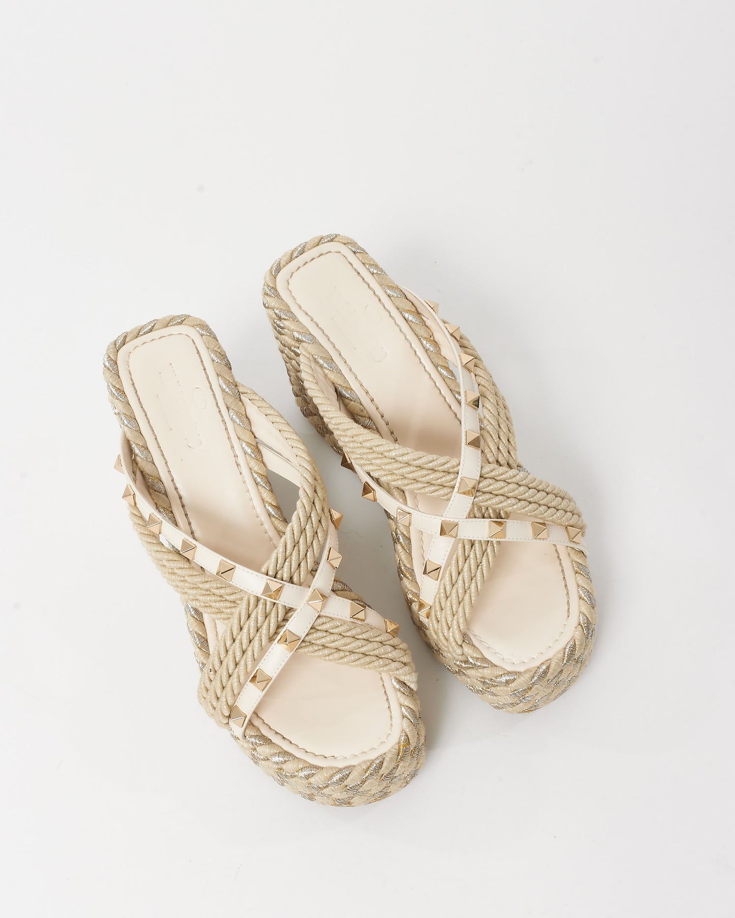 Valentino Beige Metallic Jute Rockstud Espadrille Wedge Sandals - 39