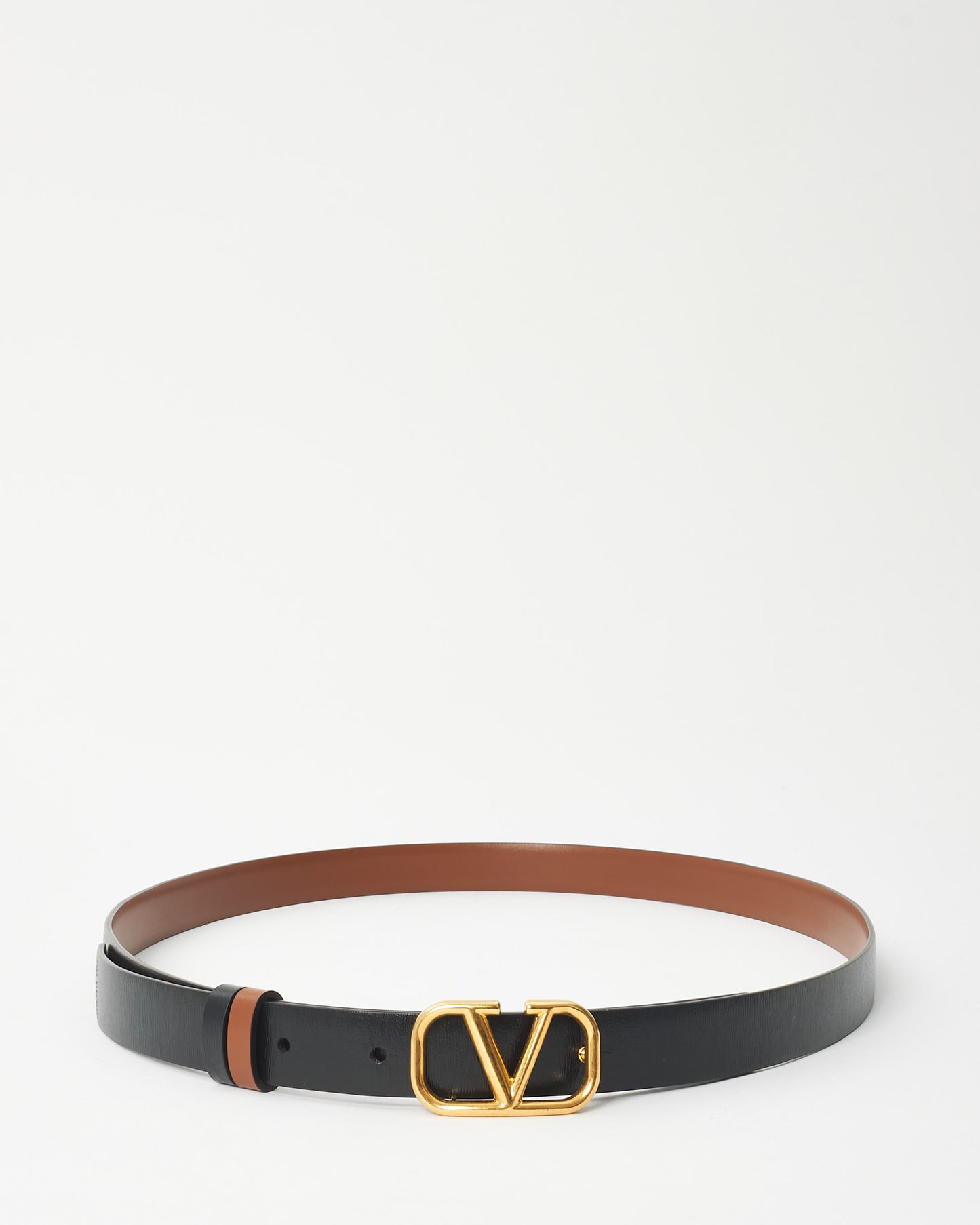 Valentino Black 
Brown Leather Reversible V Logo Thin Belt - 120