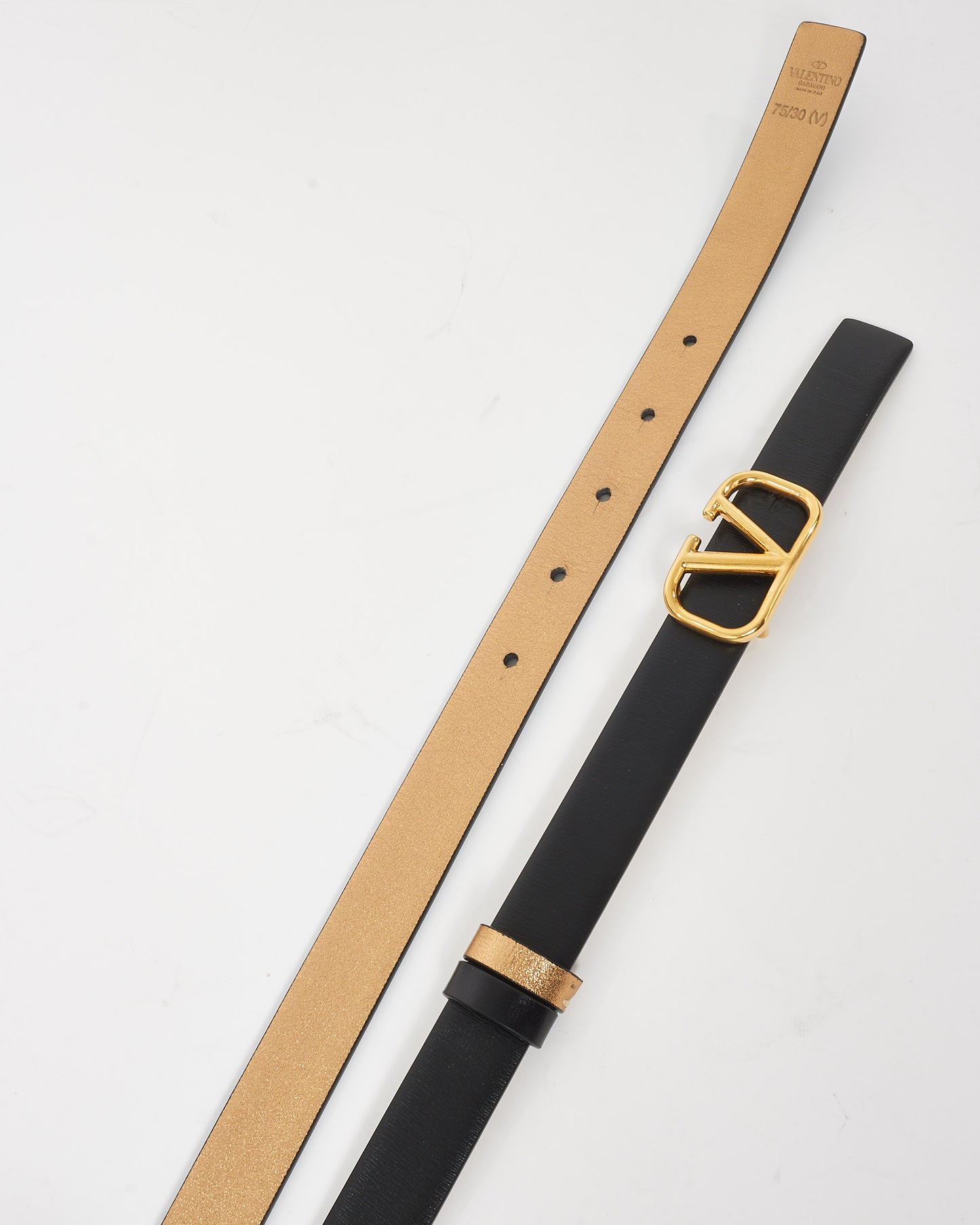 Valentino Black 
Gold Leather Reversible Thin VLogo Belt - 75/30