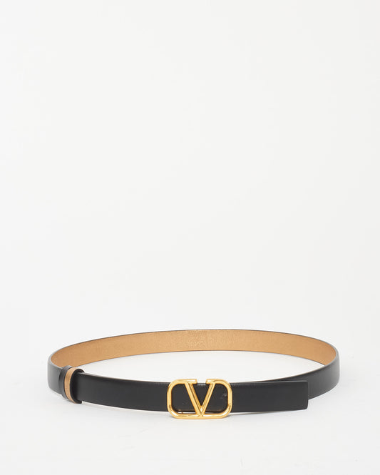 Valentino Black 
Gold Leather Reversible Thin VLogo Belt - 75/30