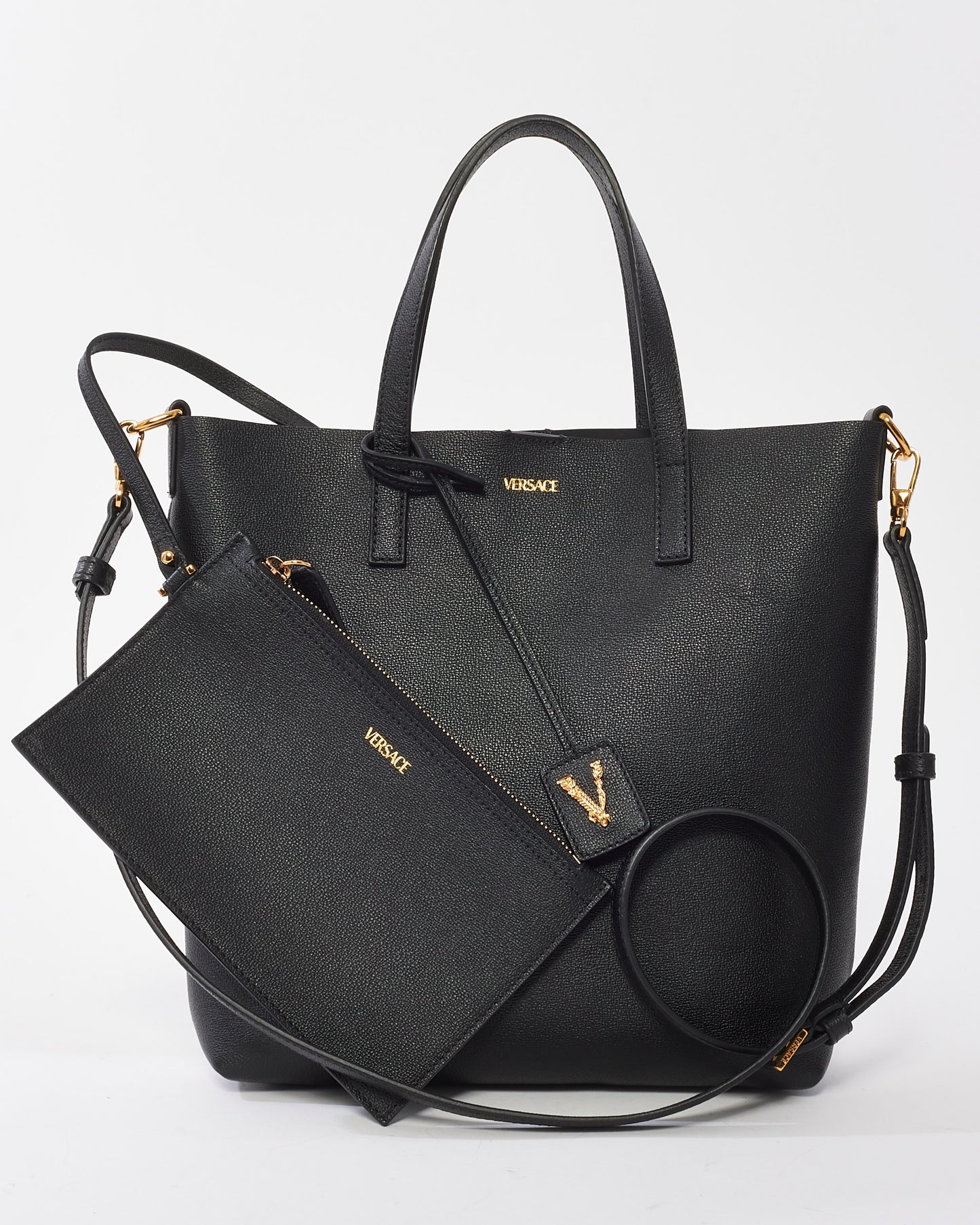 Versace Black Leather Virtus Shopping Tote