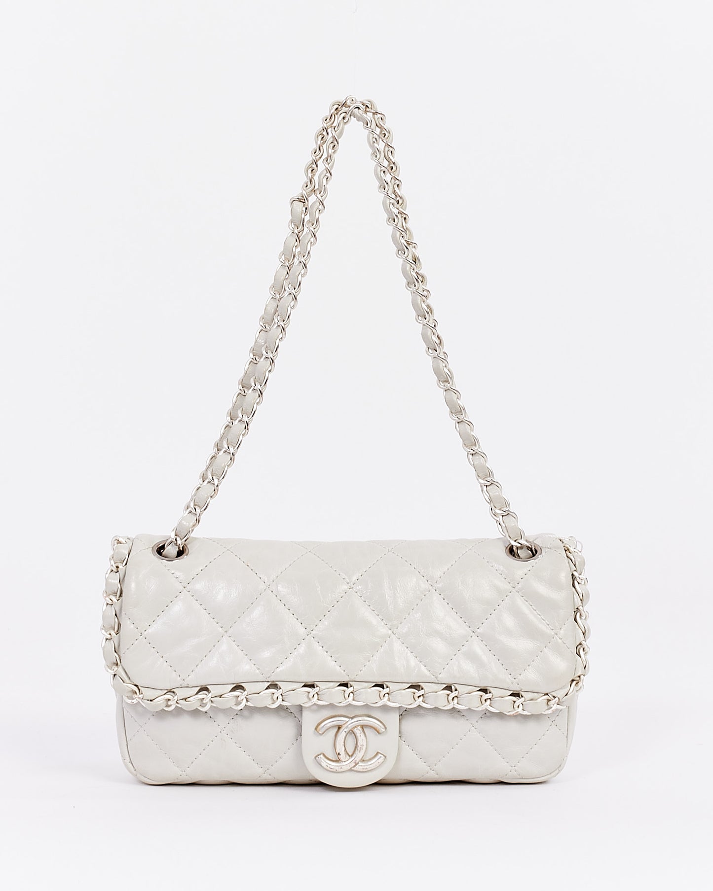 Chanel Light Grey Aged Quilted Lambskin Small Chain Around Single Flap Bag