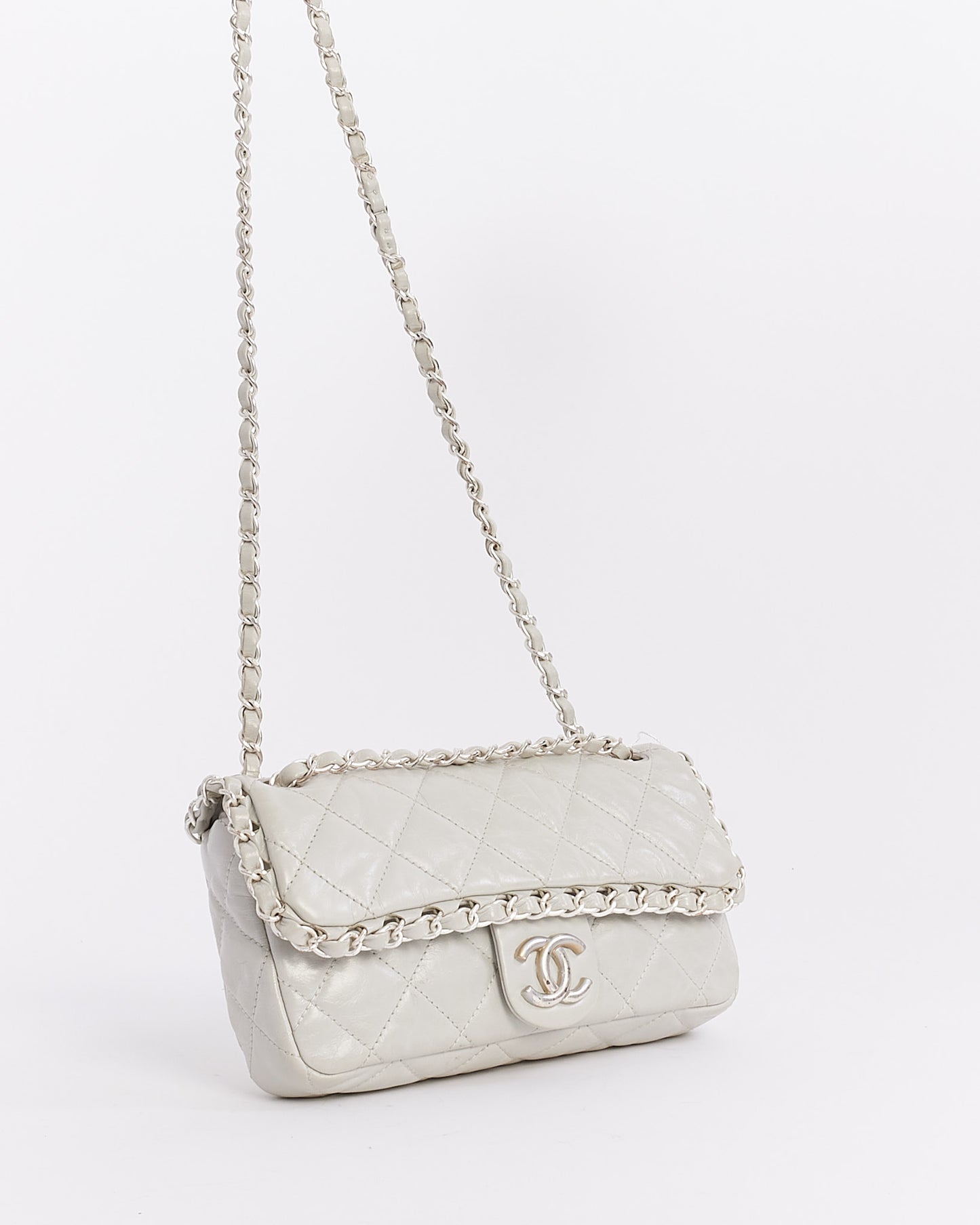 Chanel Light Grey Aged Quilted Lambskin Small Chain Around Single Flap Bag