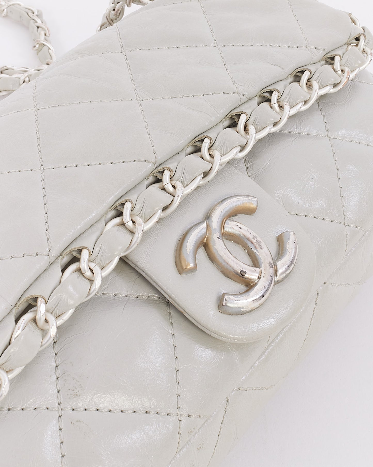 Chanel Light Grey Aged Quilted Lambskin Small Chain Around Single Flap Bag