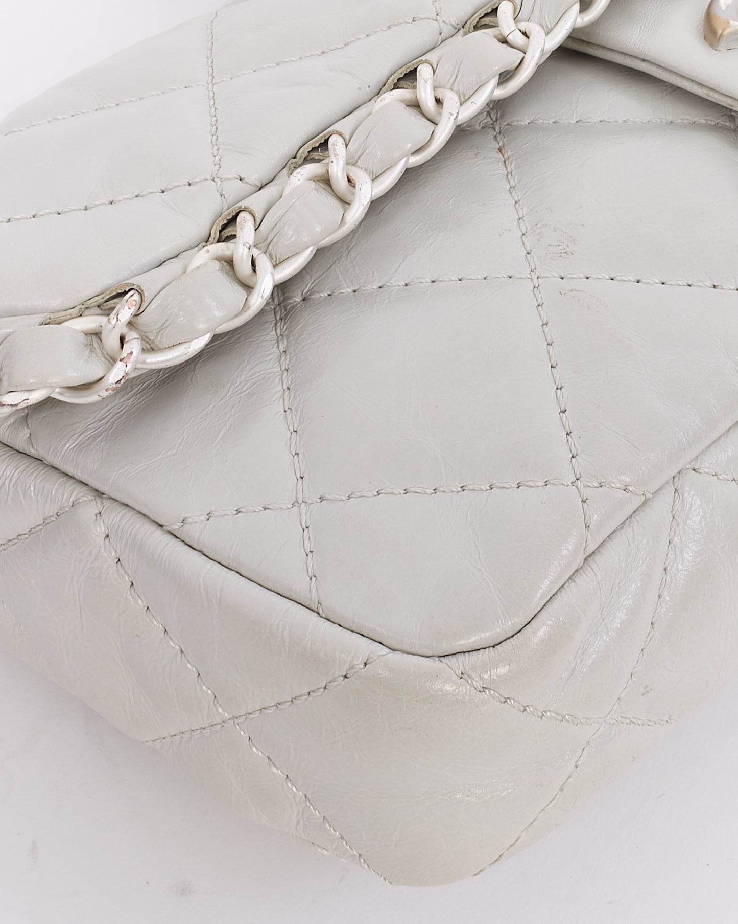 Chanel Light Grey Aged Quilted Lambskin Small Chain Around Single Flap Bag