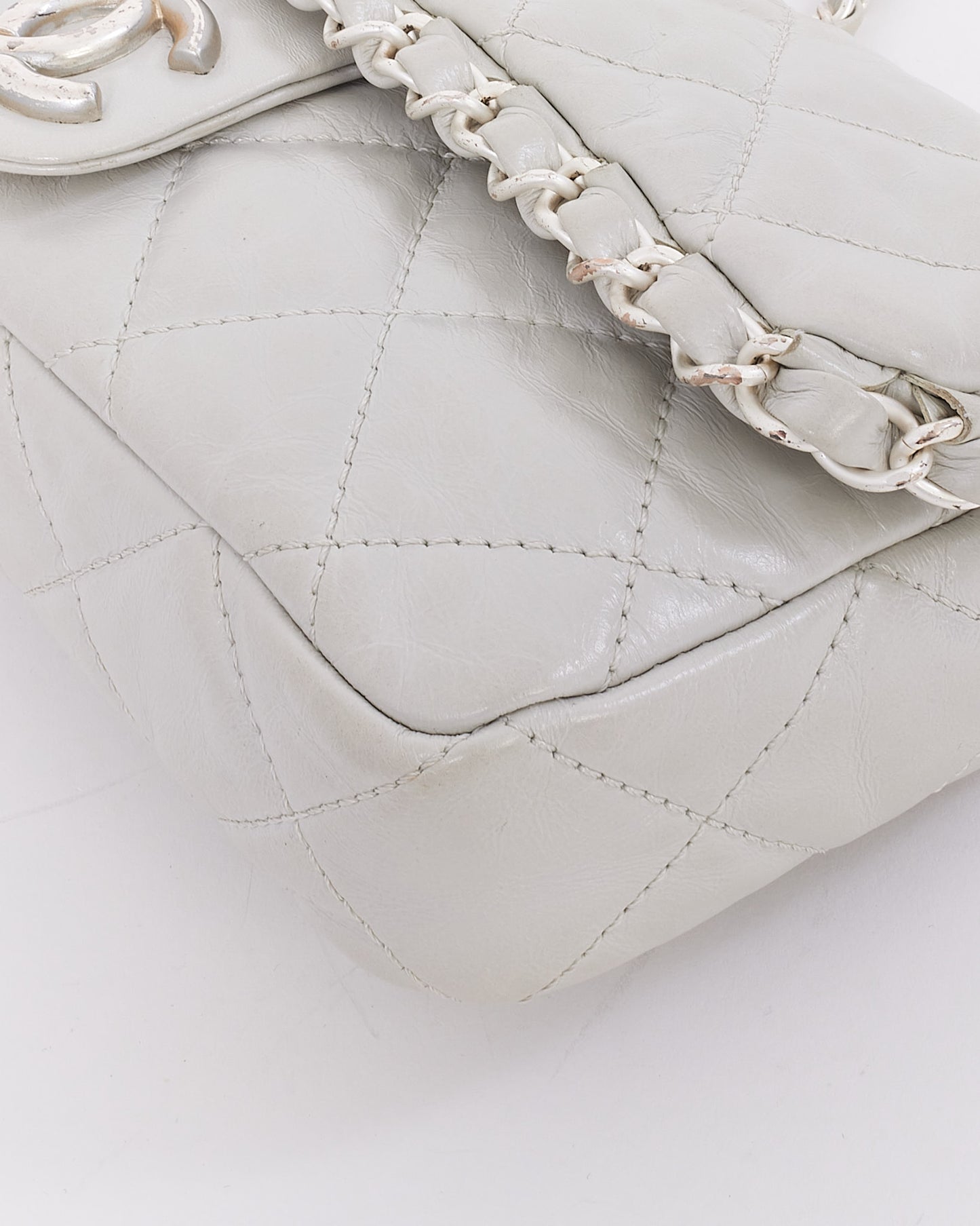 Chanel Light Grey Aged Quilted Lambskin Small Chain Around Single Flap Bag