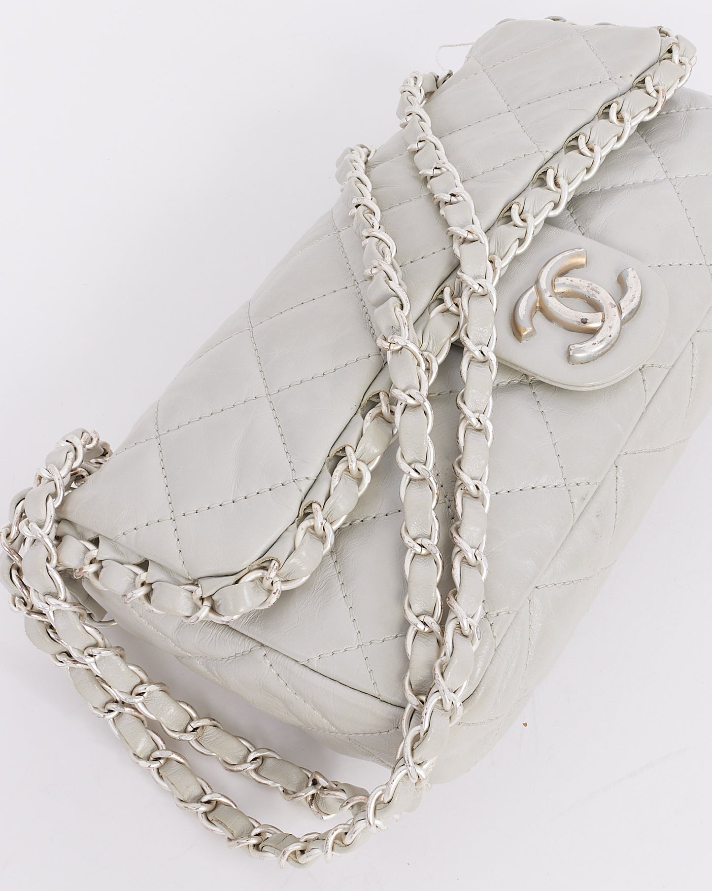 Chanel Light Grey Aged Quilted Lambskin Small Chain Around Single Flap Bag