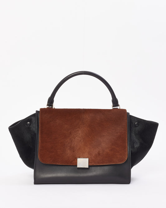 Celine Brown 
Black Pony Hair 
Leather Medium Trapeze Bag