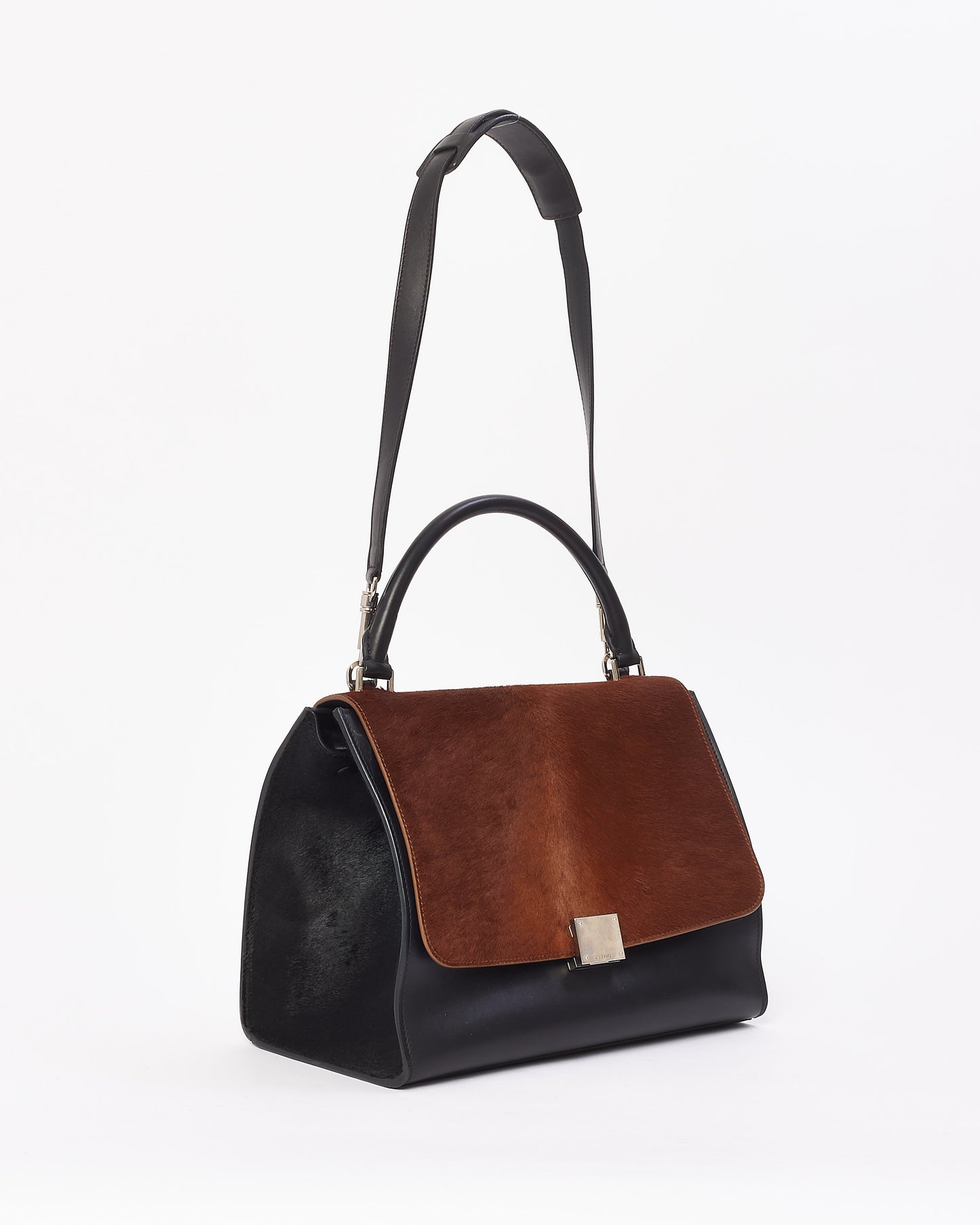 Celine Brown 
Black Pony Hair 
Leather Medium Trapeze Bag