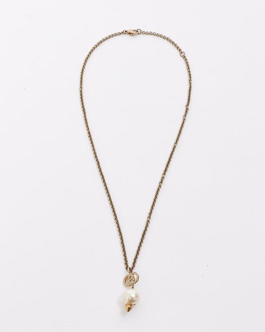 Gucci Gold Finish Metal Interlocking Crystal GG Pearl Necklace