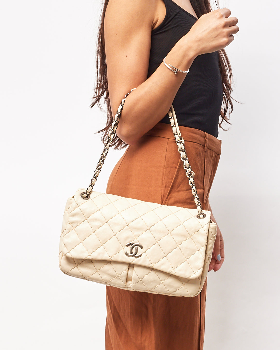 Chanel Beige Matelasse Leather with Aged Silver Hardware Flap Bag