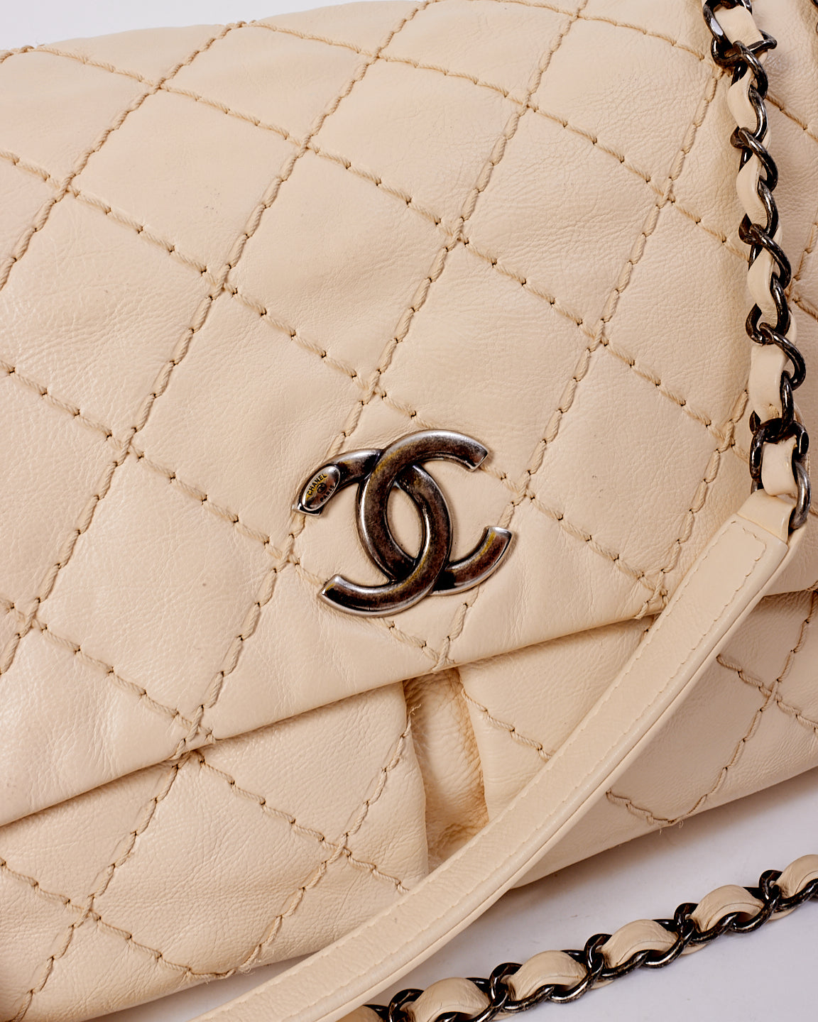 Chanel Beige Matelasse Leather with Aged Silver Hardware Flap Bag