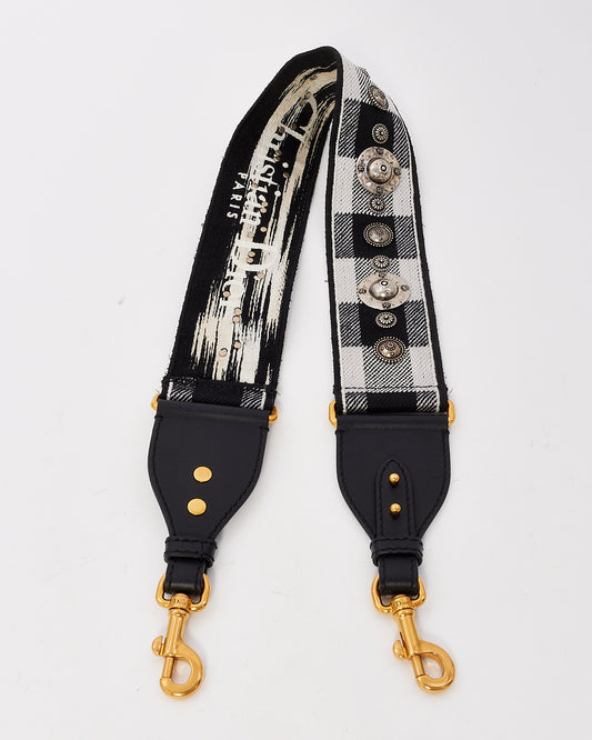 Dior Black 
White Checkered Canvas Embroidered Studded Shoulder Strap