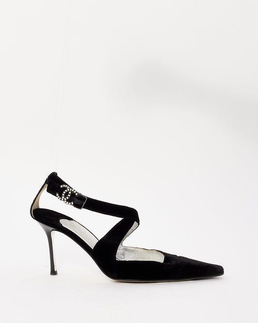 Chanel Black Velvet CC Crystal Logo Pointed Toe Pumps - 41