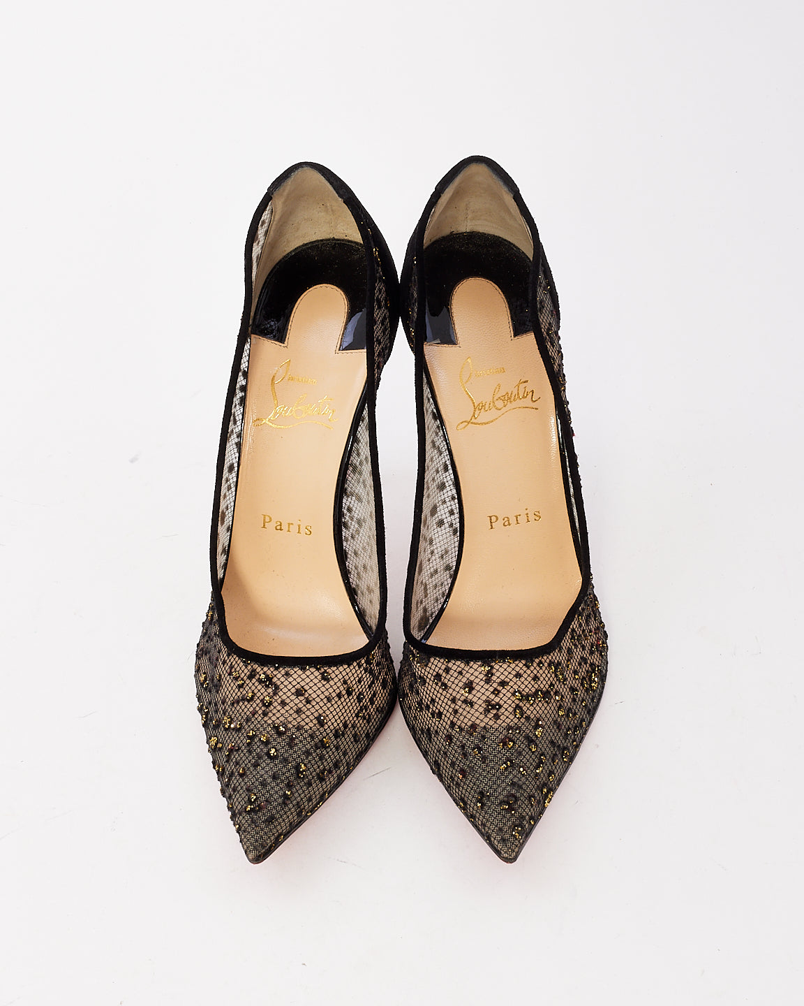 Christian Louboutin Black Mesh Crystal Embellished Point Toe Pumps - 38.5