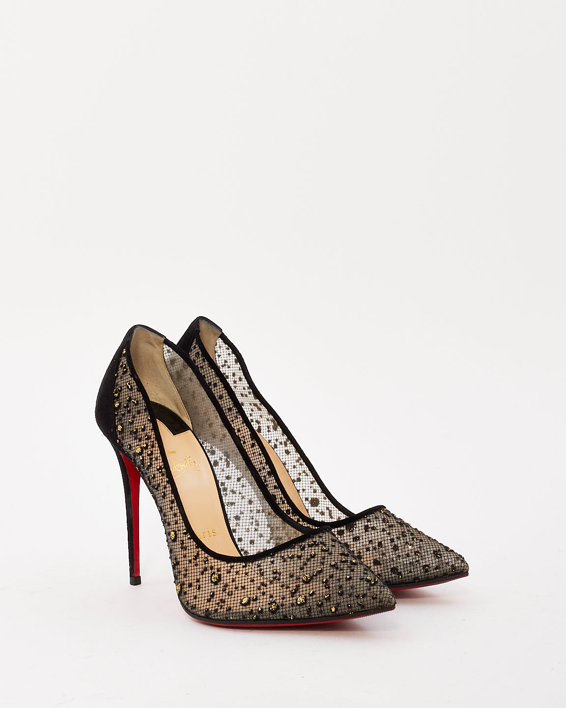 Christian Louboutin Black Mesh Crystal Embellished Point Toe Pumps - 38.5