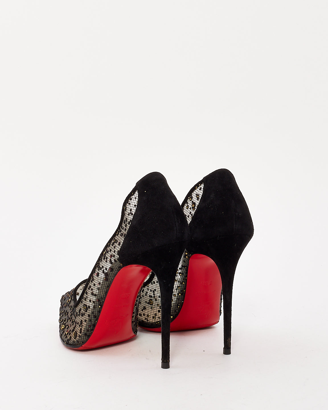 Christian Louboutin Black Mesh Crystal Embellished Point Toe Pumps - 38.5