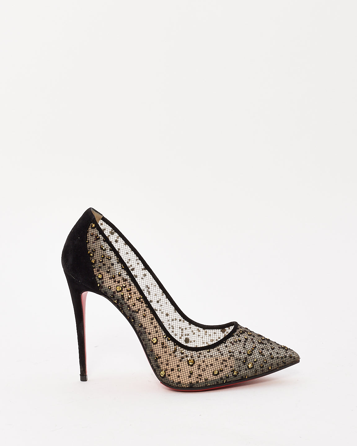 Christian Louboutin Black Mesh Crystal Embellished Point Toe Pumps - 38.5