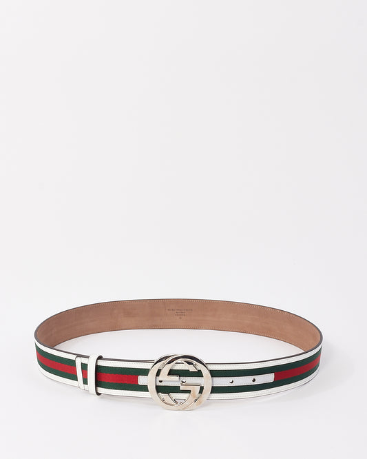 Gucci White 
Green Leather 
Canvas Web Interlocking GG Belt - 90/36