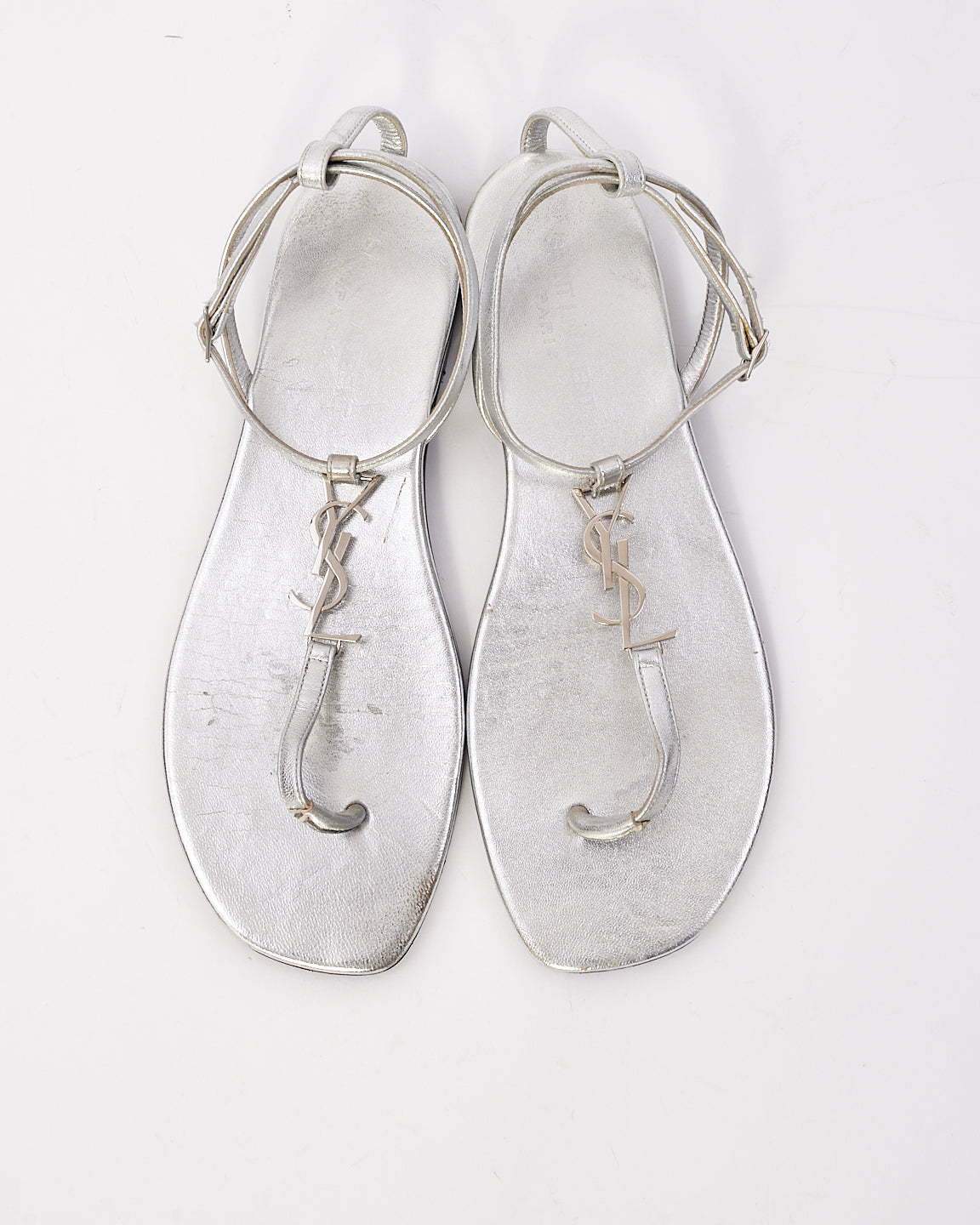 Saint Laurent Silver Leather YSL Logo Cassandra Sandals - 37