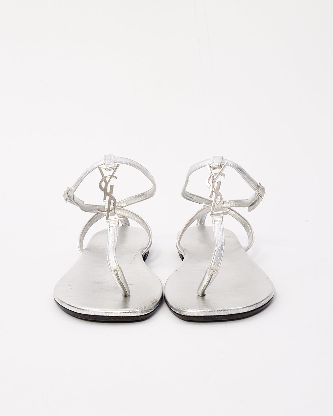 Saint Laurent Silver Leather YSL Logo Cassandra Sandals - 37