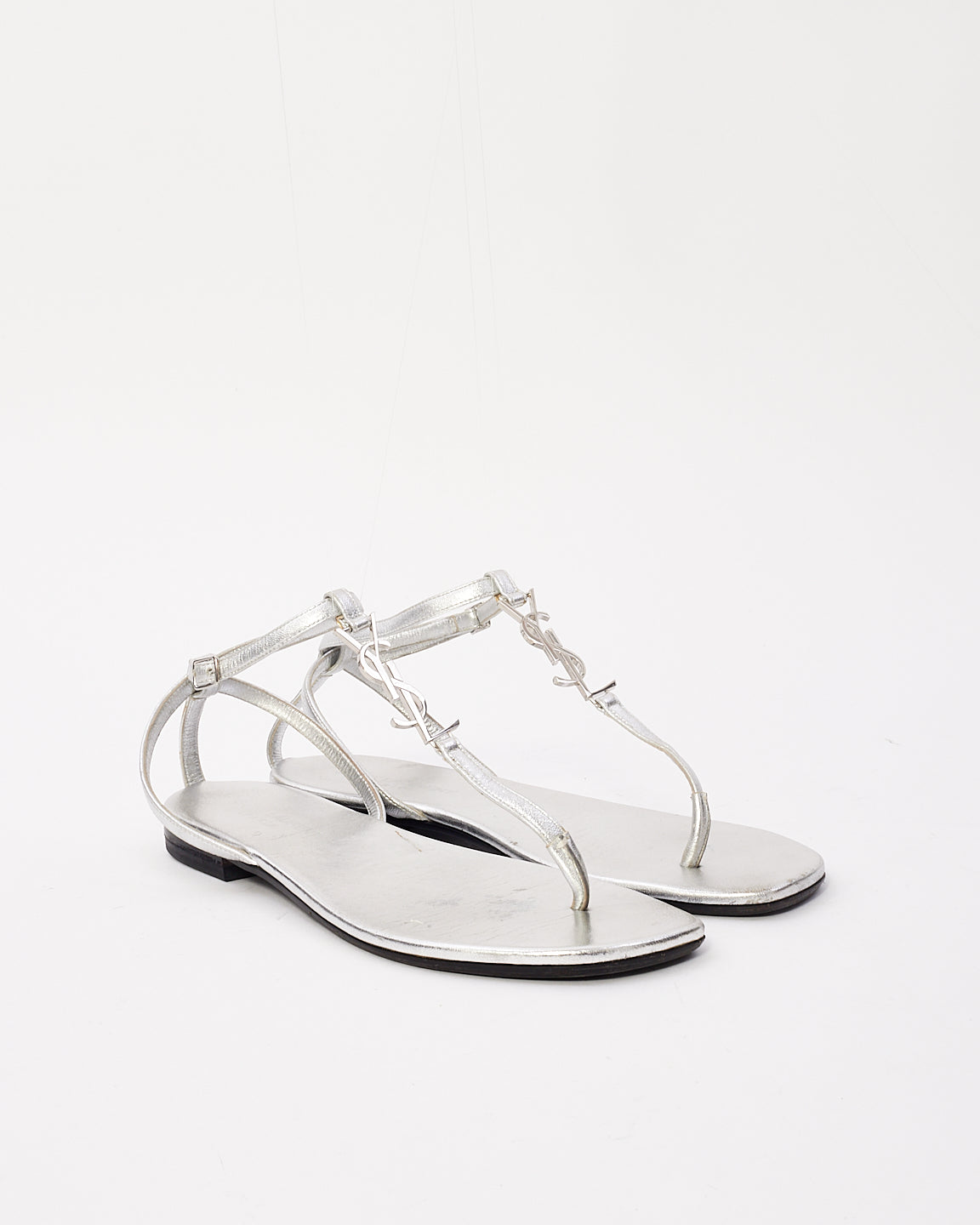 Saint Laurent Silver Leather YSL Logo Cassandra Sandals - 37