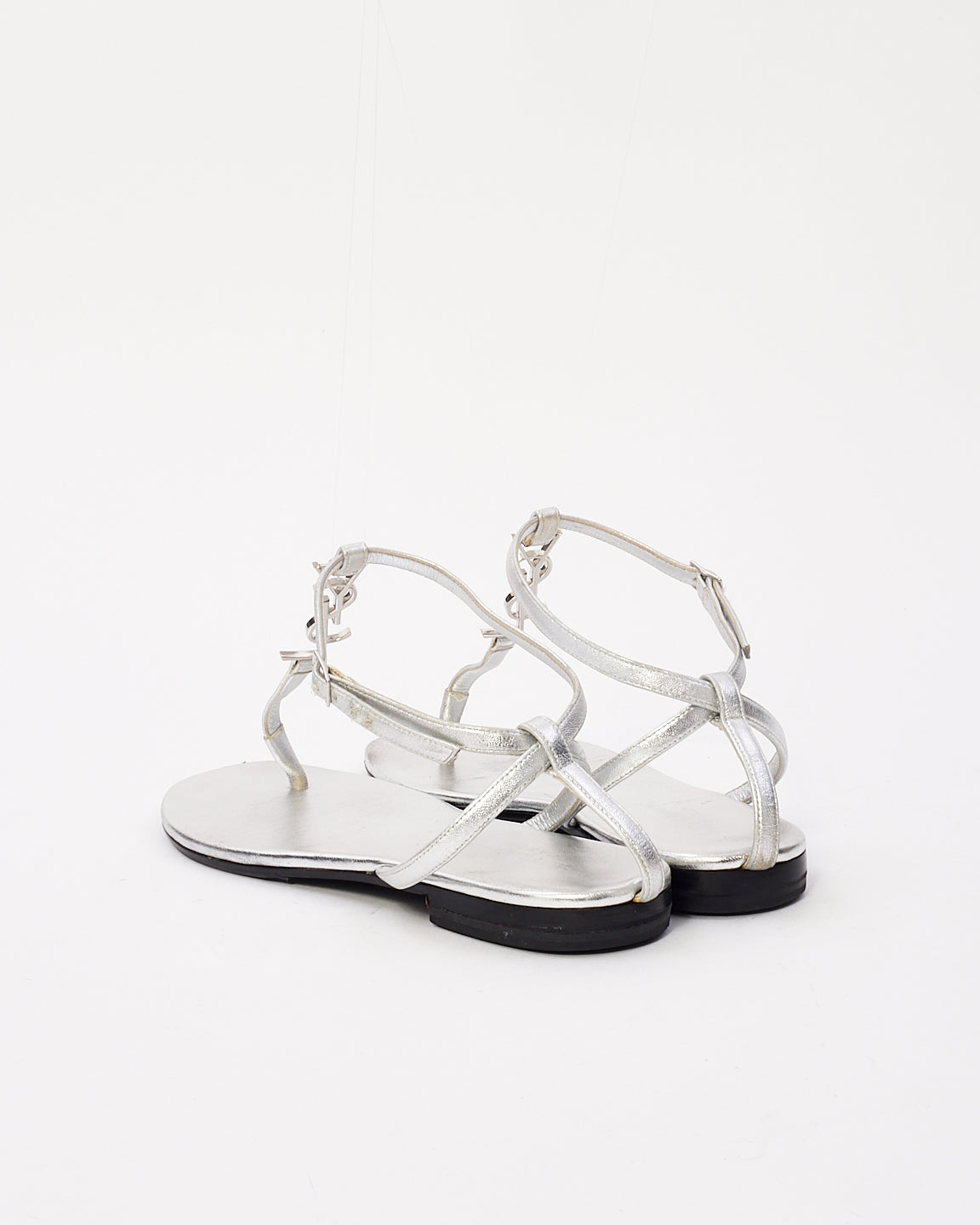 Saint Laurent Silver Leather YSL Logo Cassandra Sandals - 37