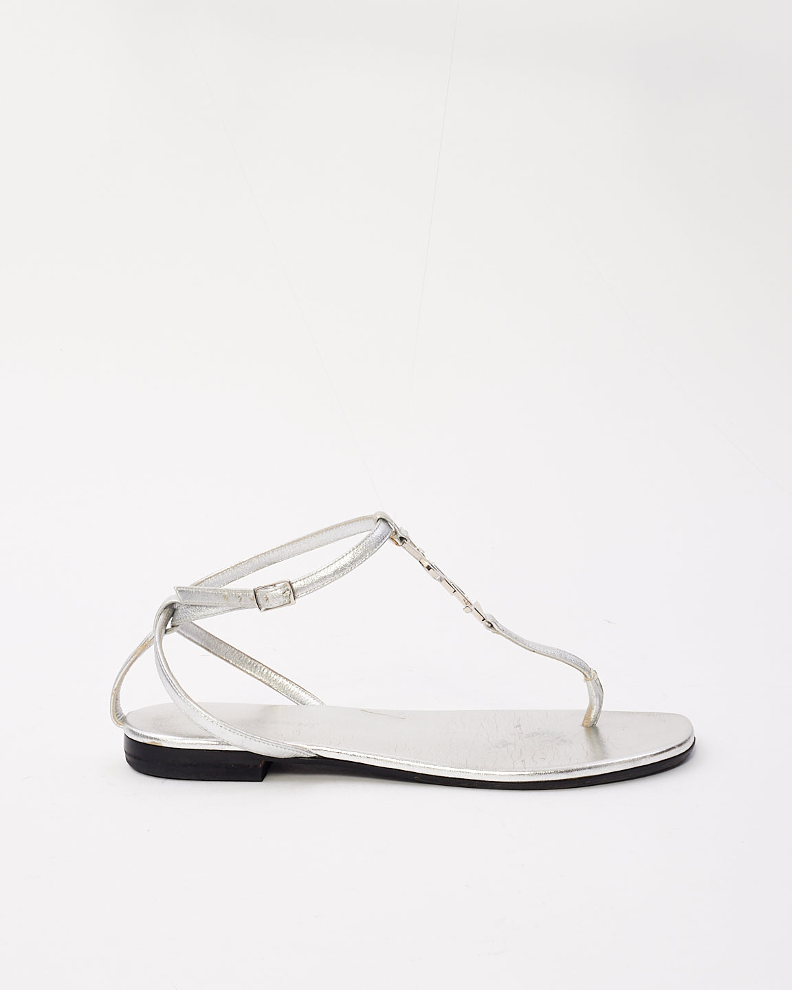 Saint Laurent Silver Leather YSL Logo Cassandra Sandals - 37