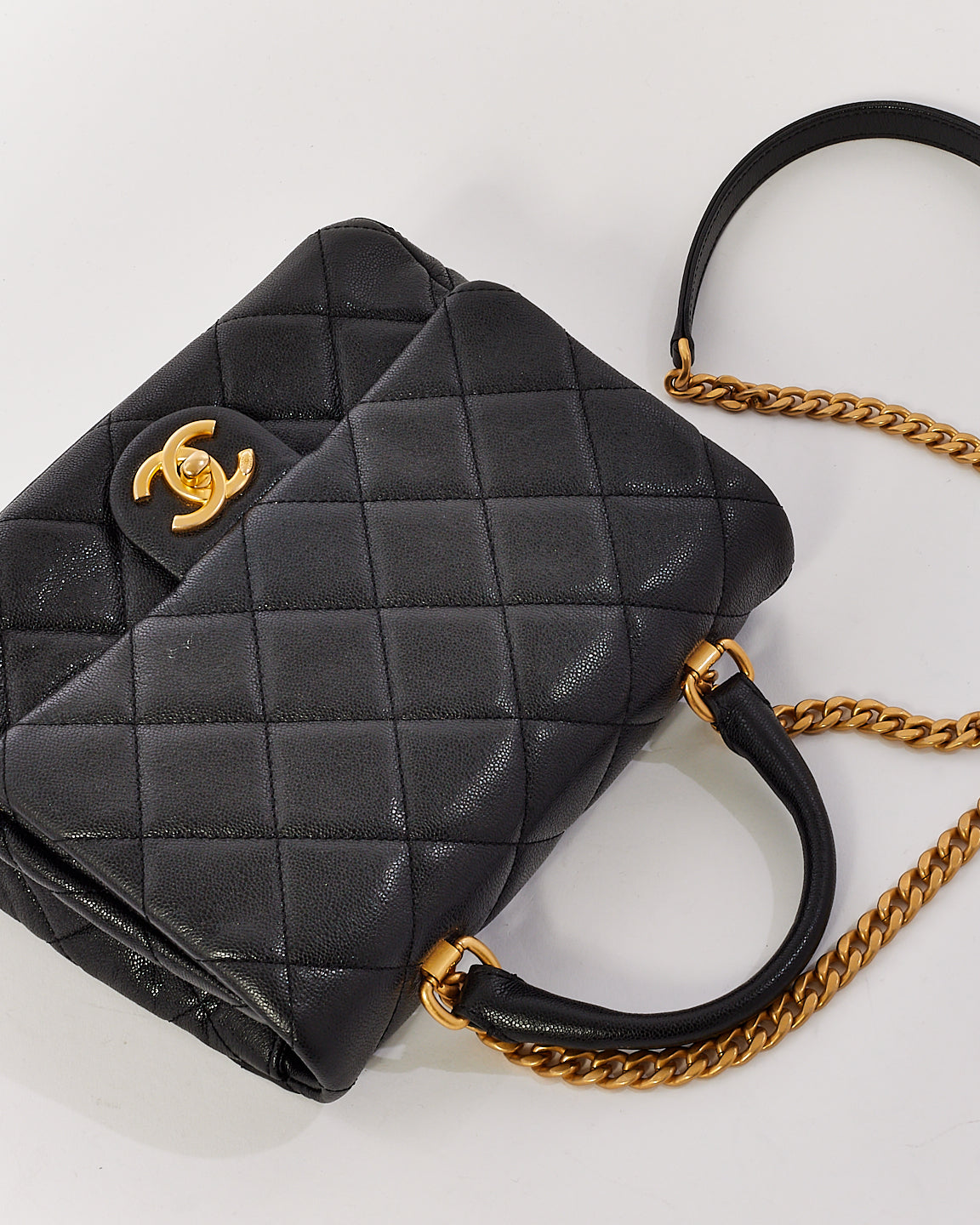 Chanel Black Caviar Leather Top Handle CC 2way Shoulder Bag with Gold Hardware