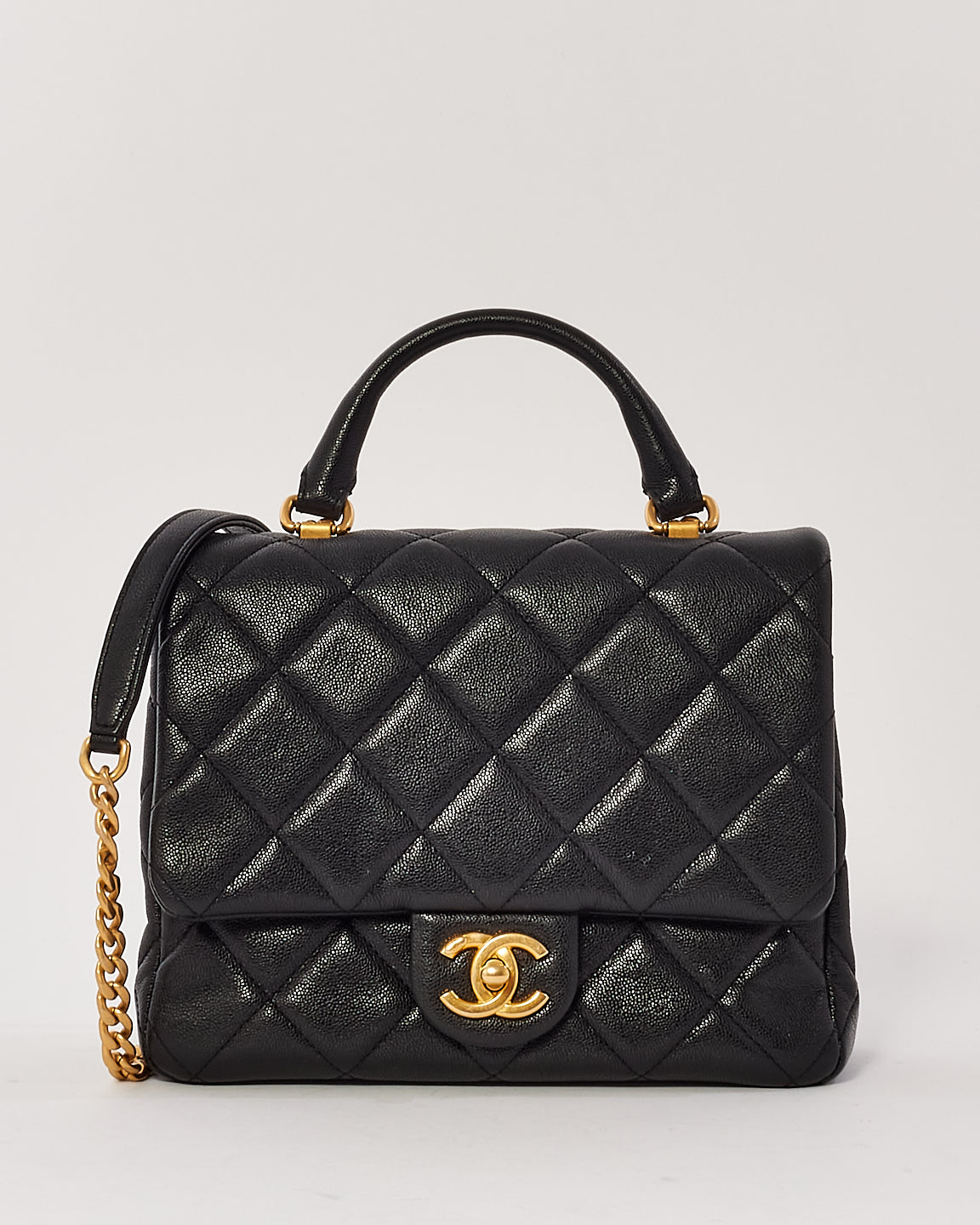 Chanel Black Caviar Leather Top Handle CC 2way Shoulder Bag with Gold Hardware