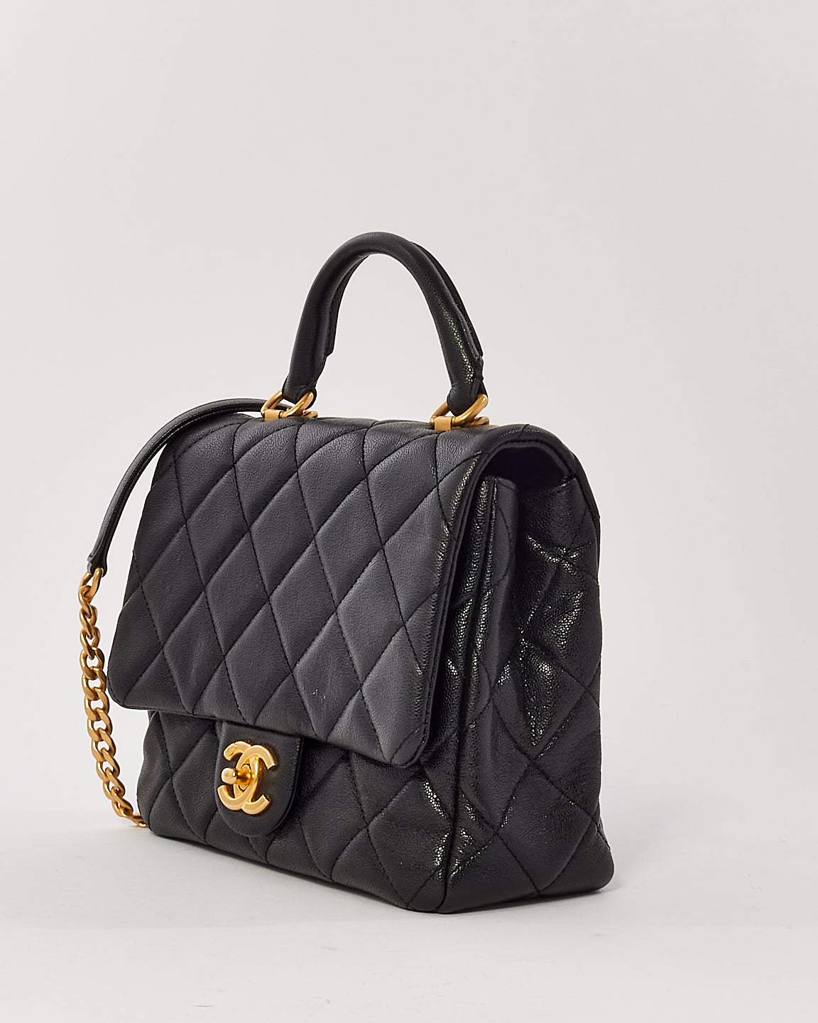 Chanel Black Caviar Leather Top Handle CC 2way Shoulder Bag with Gold Hardware