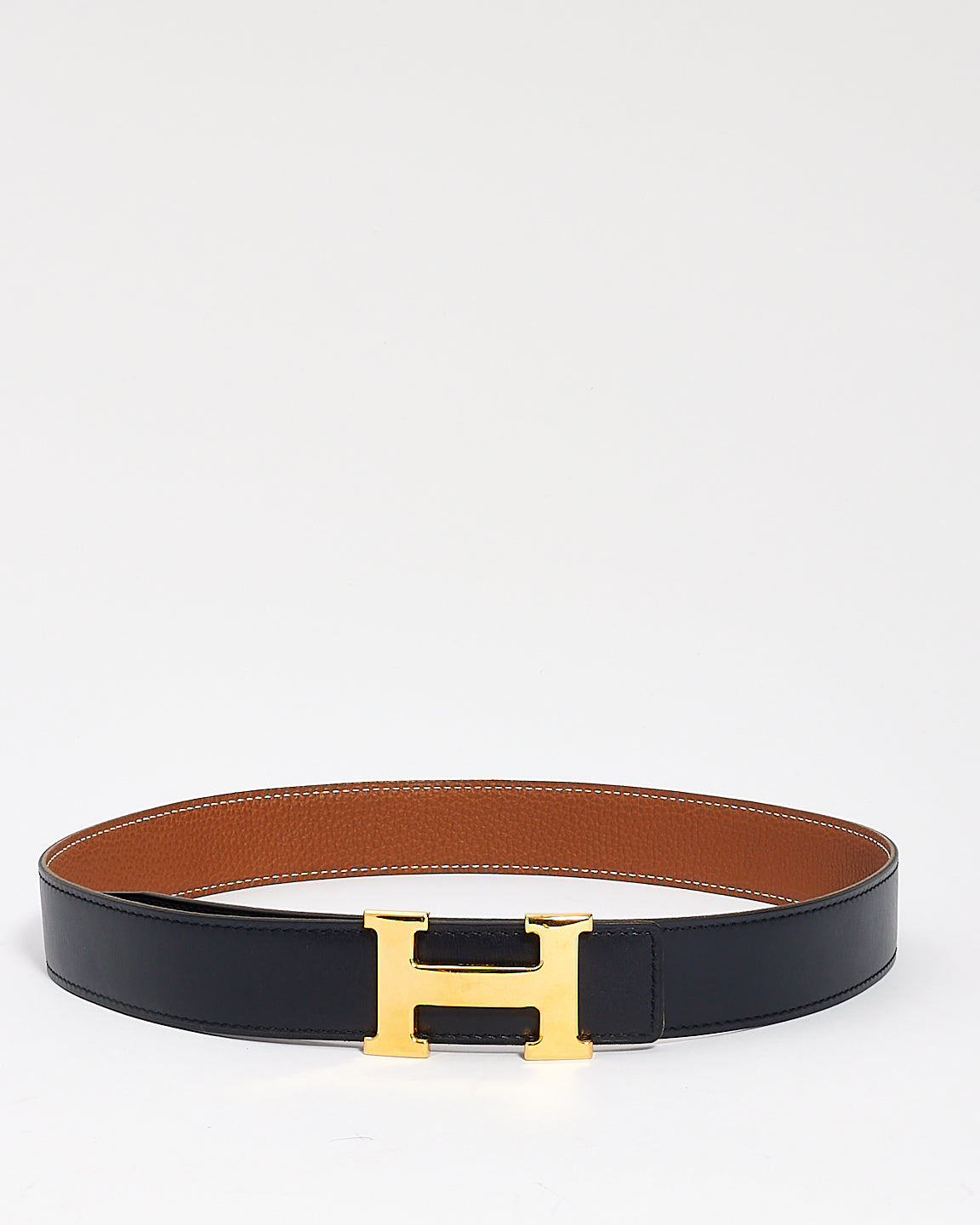 Hermès Gold/Navy Clemence 
Swift Leather Reversible Brushed Gold H Logo Belt - 90