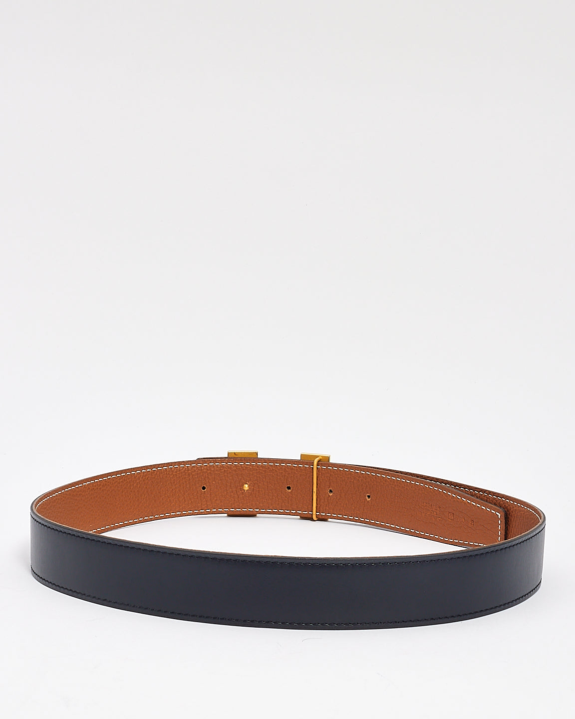 Hermès Gold/Navy Clemence 
Swift Leather Reversible Brushed Gold H Logo Belt - 90