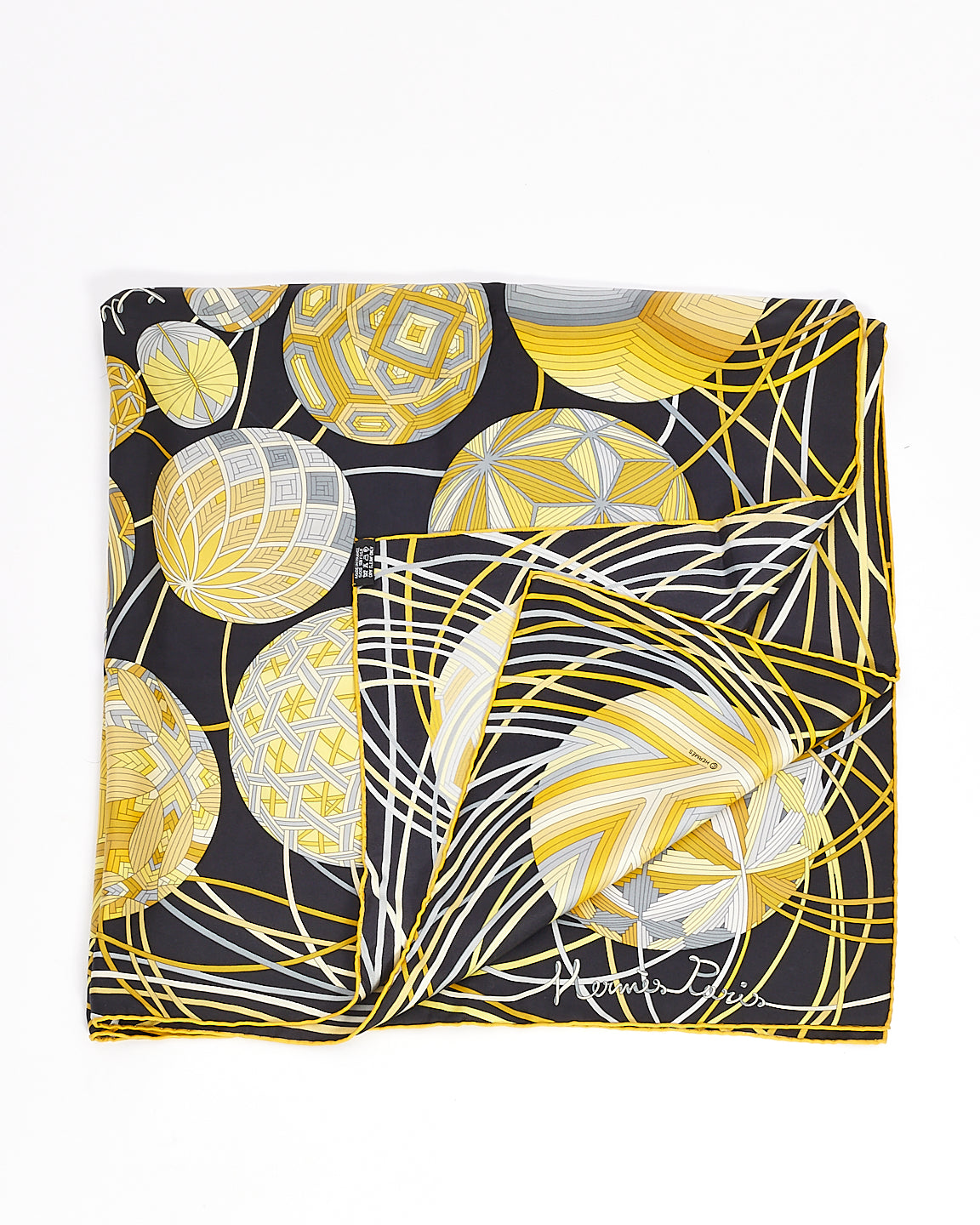 Hermès Yellow 
Black L
art Du Temari Silk Scarf