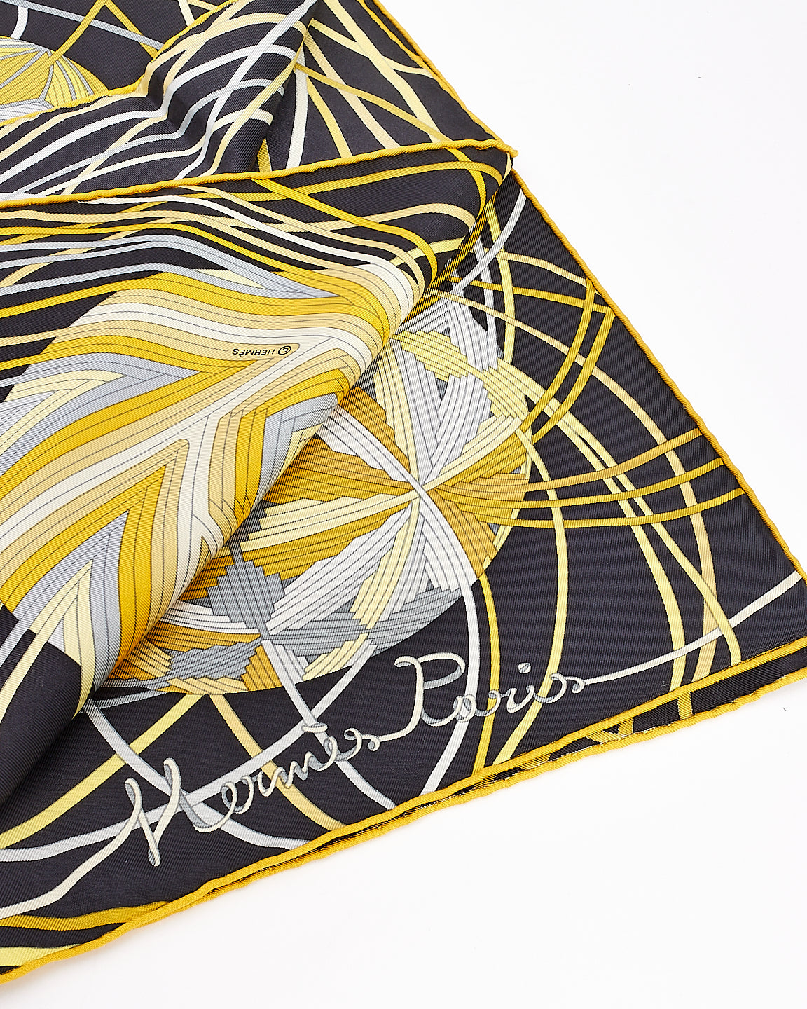 Hermès Yellow 
Black L
art Du Temari Silk Scarf