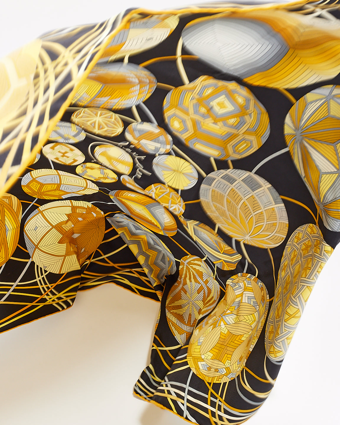 Hermès Yellow 
Black L
art Du Temari Silk Scarf