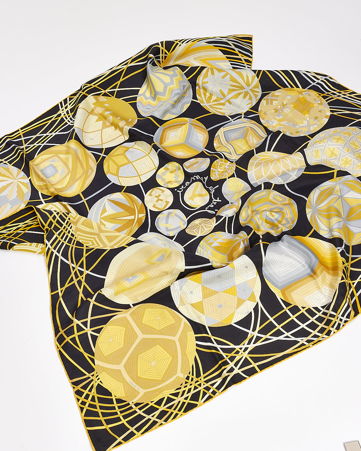 Hermès Yellow 
Black L
art Du Temari Silk Scarf