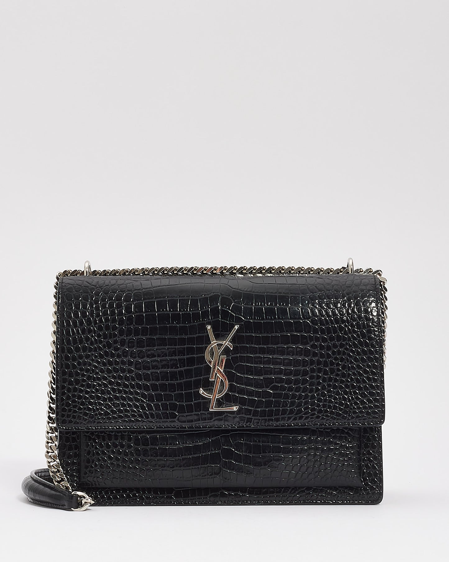 Saint Laurent Black Croc Embossed Shiny Leather Medium Sunset Chain Bag