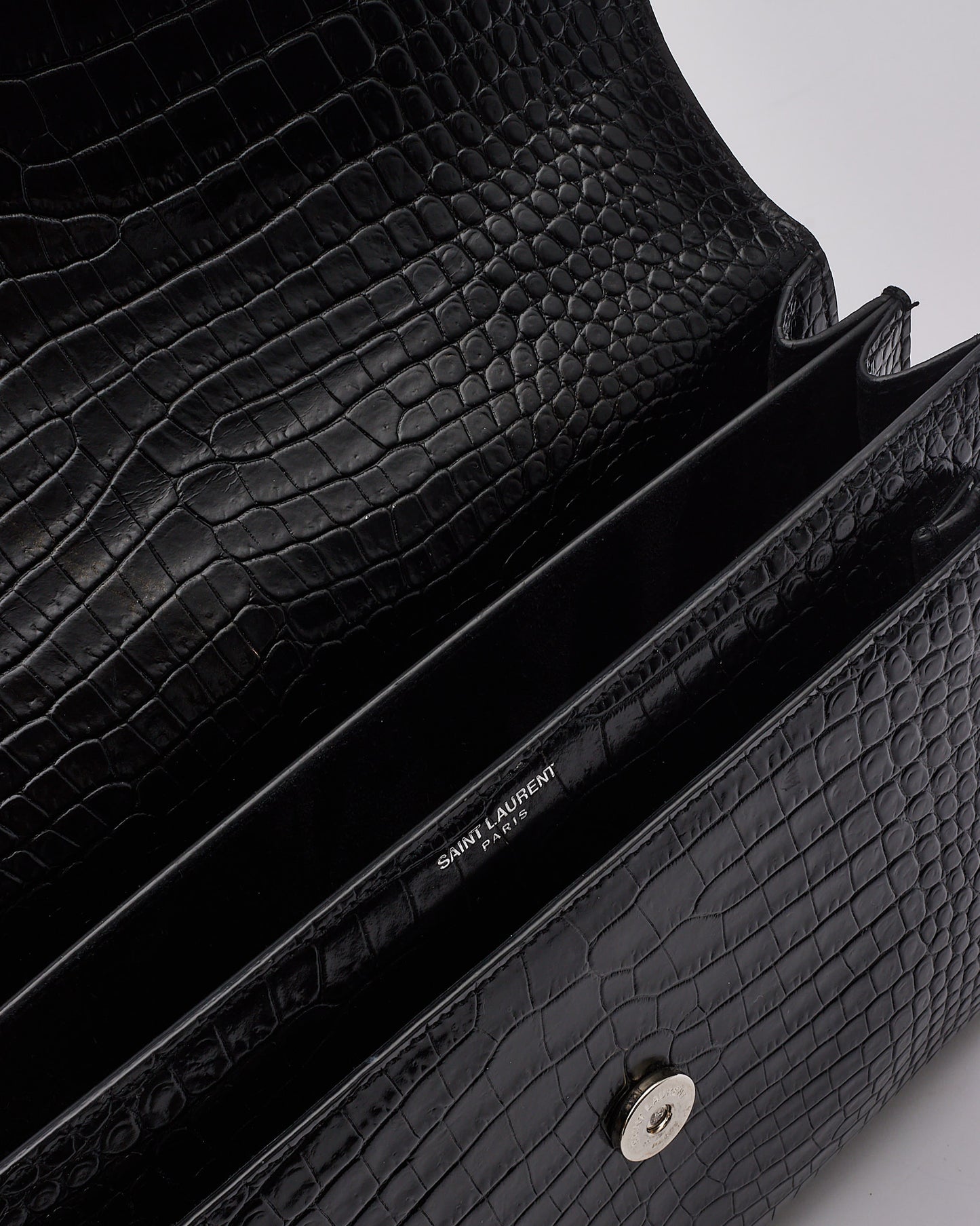 Saint Laurent Black Croc Embossed Shiny Leather Medium Sunset Chain Bag